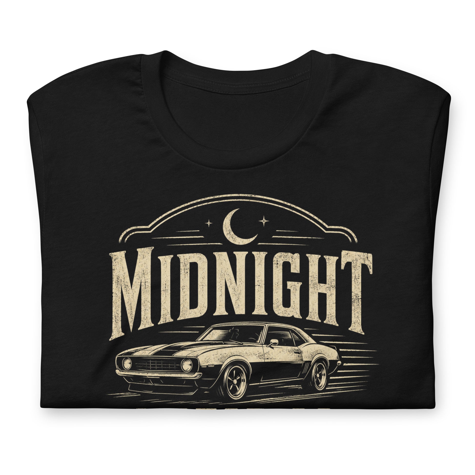 A black graphic tee featuring original Cinderpoint Studios artwork for Midnight Motor Co., a retro hot rod garage design with a classic muscle car, crescent moon, spark plug detail, vintage lettering, red accent stripes, and After Hours Speed text.
