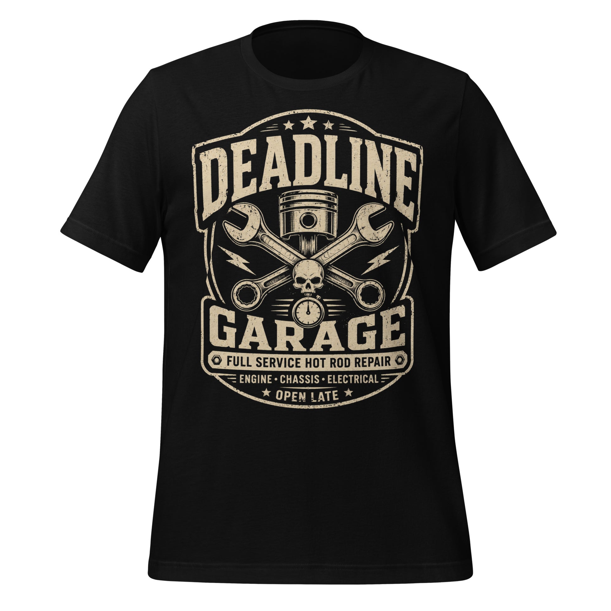A black graphic tee featuring original Cinderpoint Studios artwork for Deadline Garage, a one-color retro hot rod repair design with bold lettering, piston, crossed wrenches, skull detail, lightning bolts, stopwatch accent, and Full Service Hot Rod Repair text.