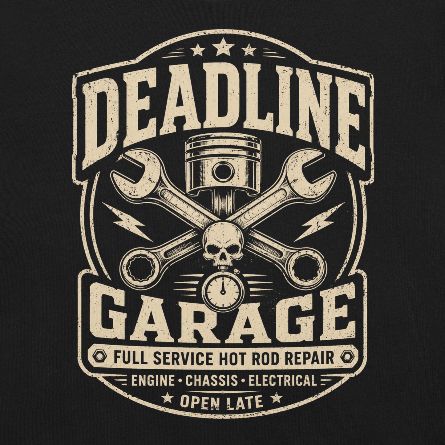 A black graphic tee featuring original Cinderpoint Studios artwork for Deadline Garage, a one-color retro hot rod repair design with bold lettering, piston, crossed wrenches, skull detail, lightning bolts, stopwatch accent, and Full Service Hot Rod Repair text.