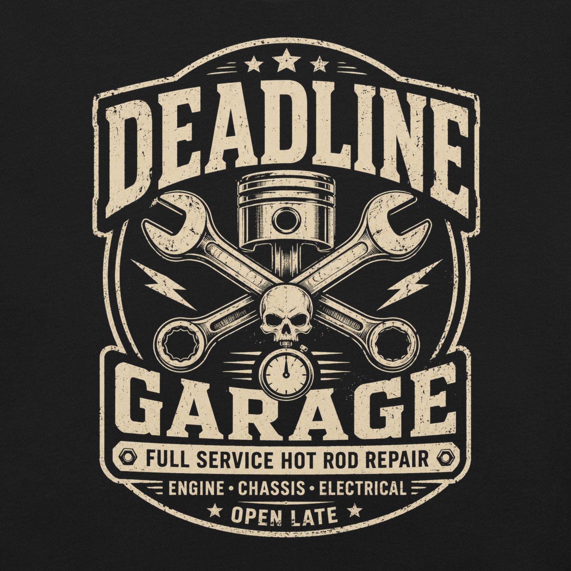 A black graphic tee featuring original Cinderpoint Studios artwork for Deadline Garage, a one-color retro hot rod repair design with bold lettering, piston, crossed wrenches, skull detail, lightning bolts, stopwatch accent, and Full Service Hot Rod Repair text.