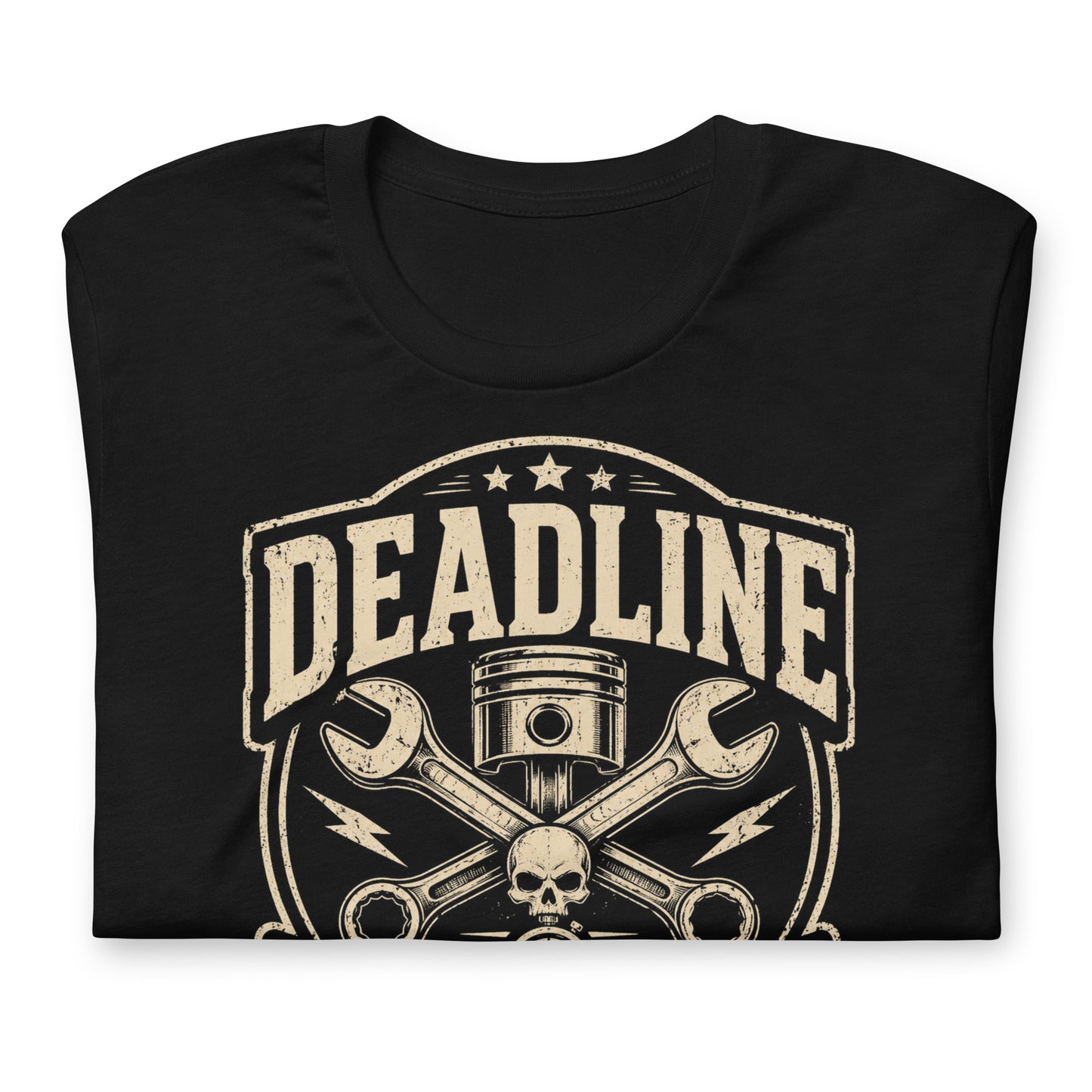 A black graphic tee featuring original Cinderpoint Studios artwork for Deadline Garage, a one-color retro hot rod repair design with bold lettering, piston, crossed wrenches, skull detail, lightning bolts, stopwatch accent, and Full Service Hot Rod Repair text.
