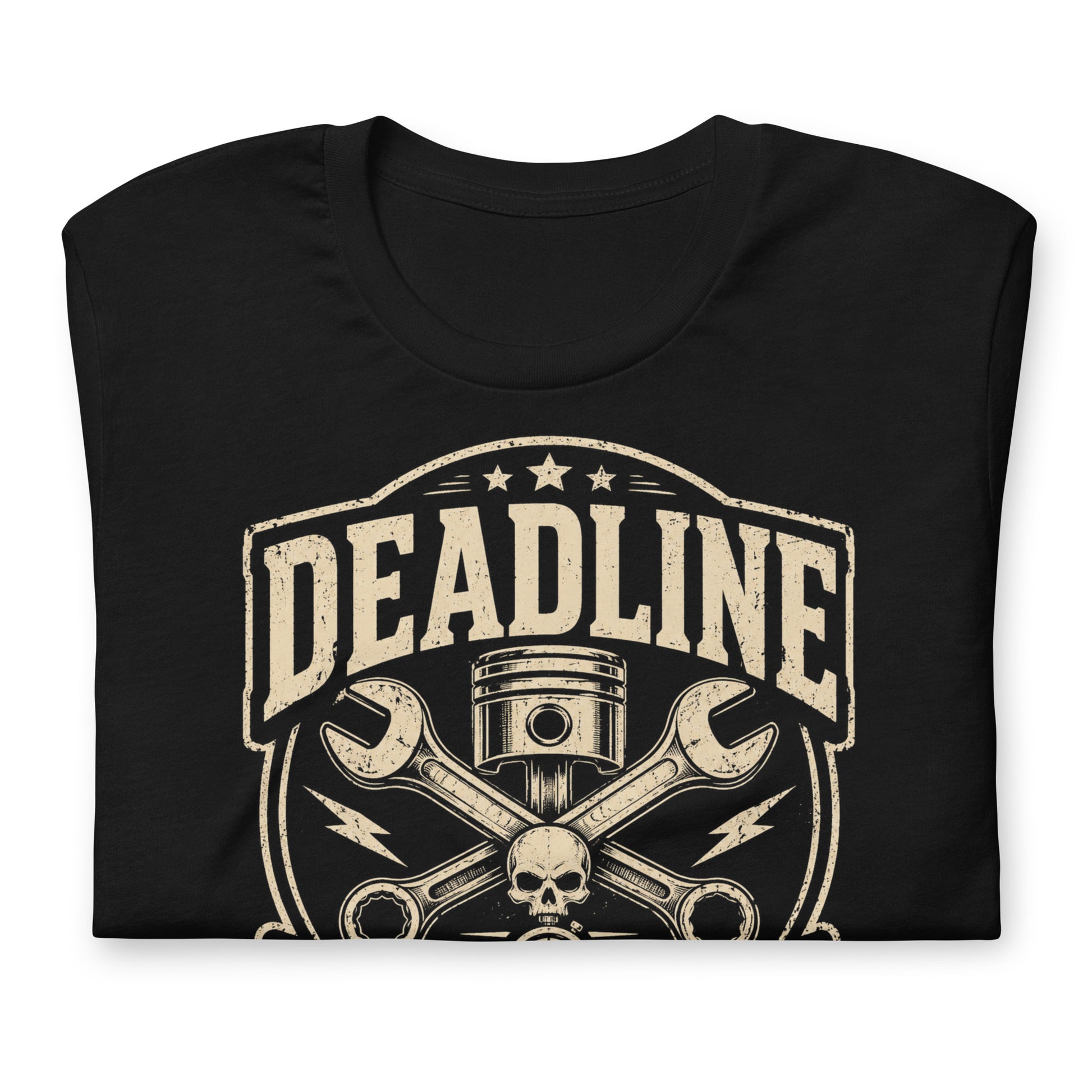 A black graphic tee featuring original Cinderpoint Studios artwork for Deadline Garage, a one-color retro hot rod repair design with bold lettering, piston, crossed wrenches, skull detail, lightning bolts, stopwatch accent, and Full Service Hot Rod Repair text.