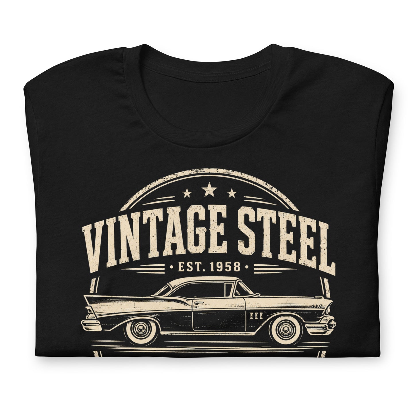 A black graphic tee featuring original Cinderpoint Studios artwork for Vintage Steel Motor Club, a one-color classic car club design with a side-profile vintage car, bold lettering, stars, badge-style framing, Classic Cars Customs Cruisers text, and Built to Last banner.