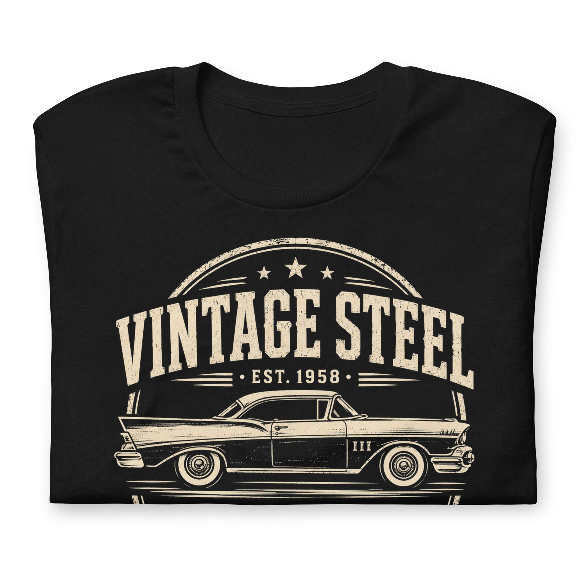 A black graphic tee featuring original Cinderpoint Studios artwork for Vintage Steel Motor Club, a one-color classic car club design with a side-profile vintage car, bold lettering, stars, badge-style framing, Classic Cars Customs Cruisers text, and Built to Last banner.