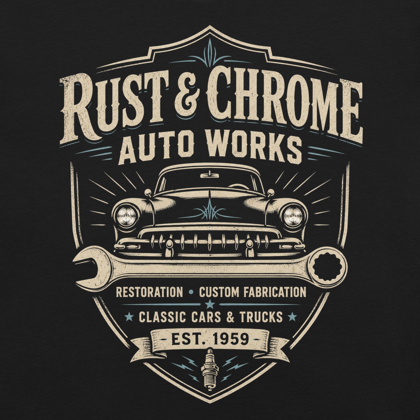 A black graphic tee featuring original Cinderpoint Studios artwork for Rust & Chrome Auto Works, a vintage garage design with a front-facing classic car, bold lettering, wrench accent, spark plug detail, restoration and custom fabrication text, and shield-style framing.