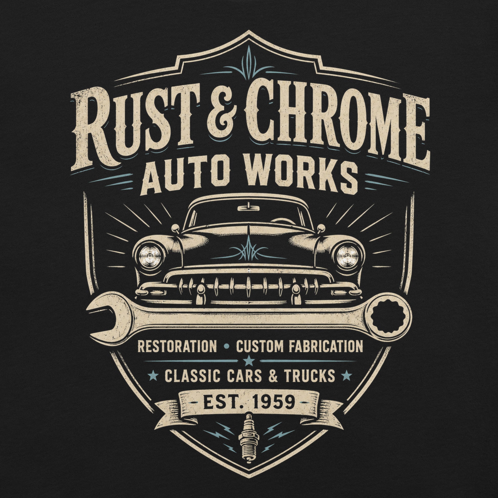A black graphic tee featuring original Cinderpoint Studios artwork for Rust & Chrome Auto Works, a vintage garage design with a front-facing classic car, bold lettering, wrench accent, spark plug detail, restoration and custom fabrication text, and shield-style framing.