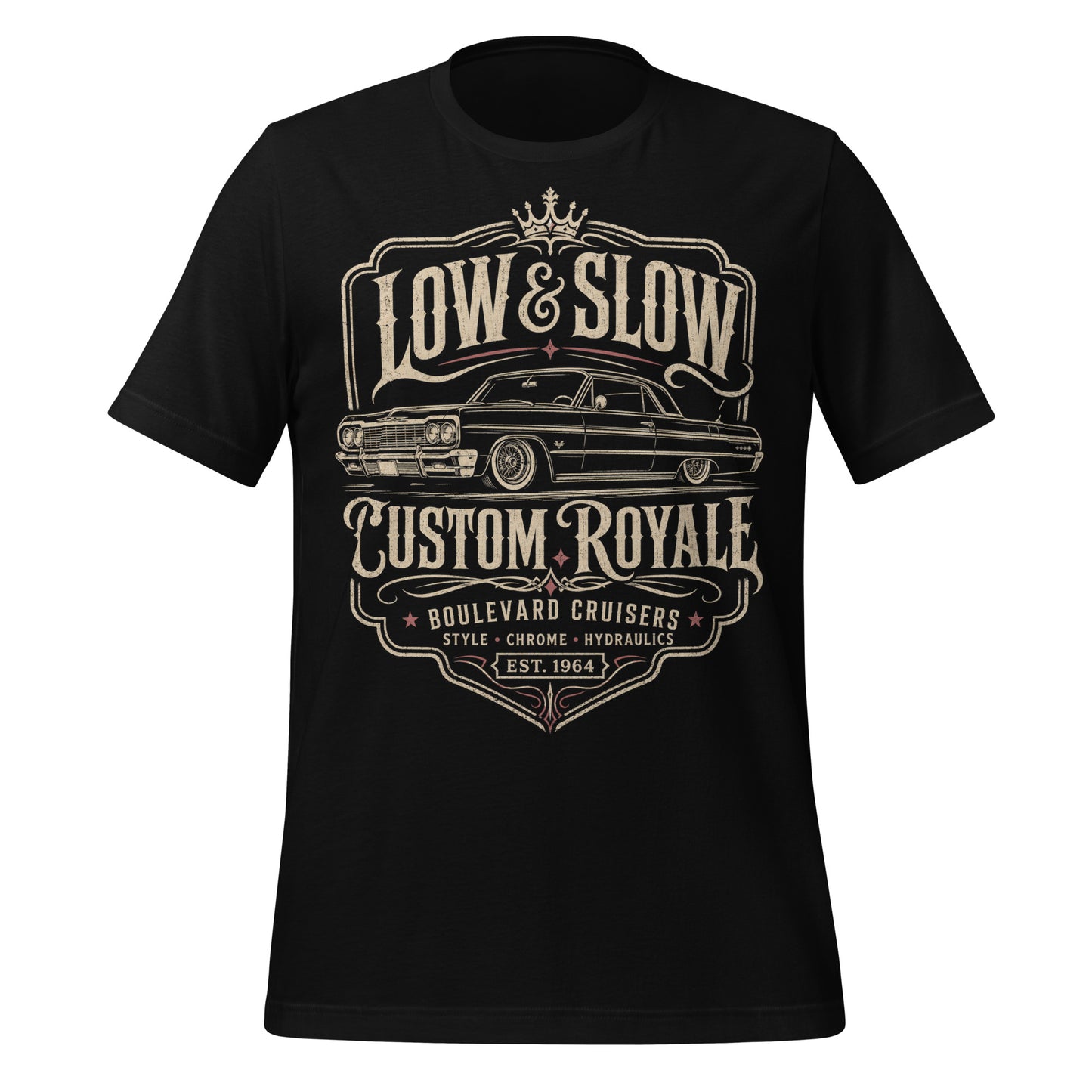 A black graphic tee featuring original Cinderpoint Studios artwork for Low & Slow Custom Royale, a retro lowrider design with a long custom cruiser inspired by a 1964 Impala, bold vintage lettering, crown detail, elegant framing, and Boulevard Cruisers text.
