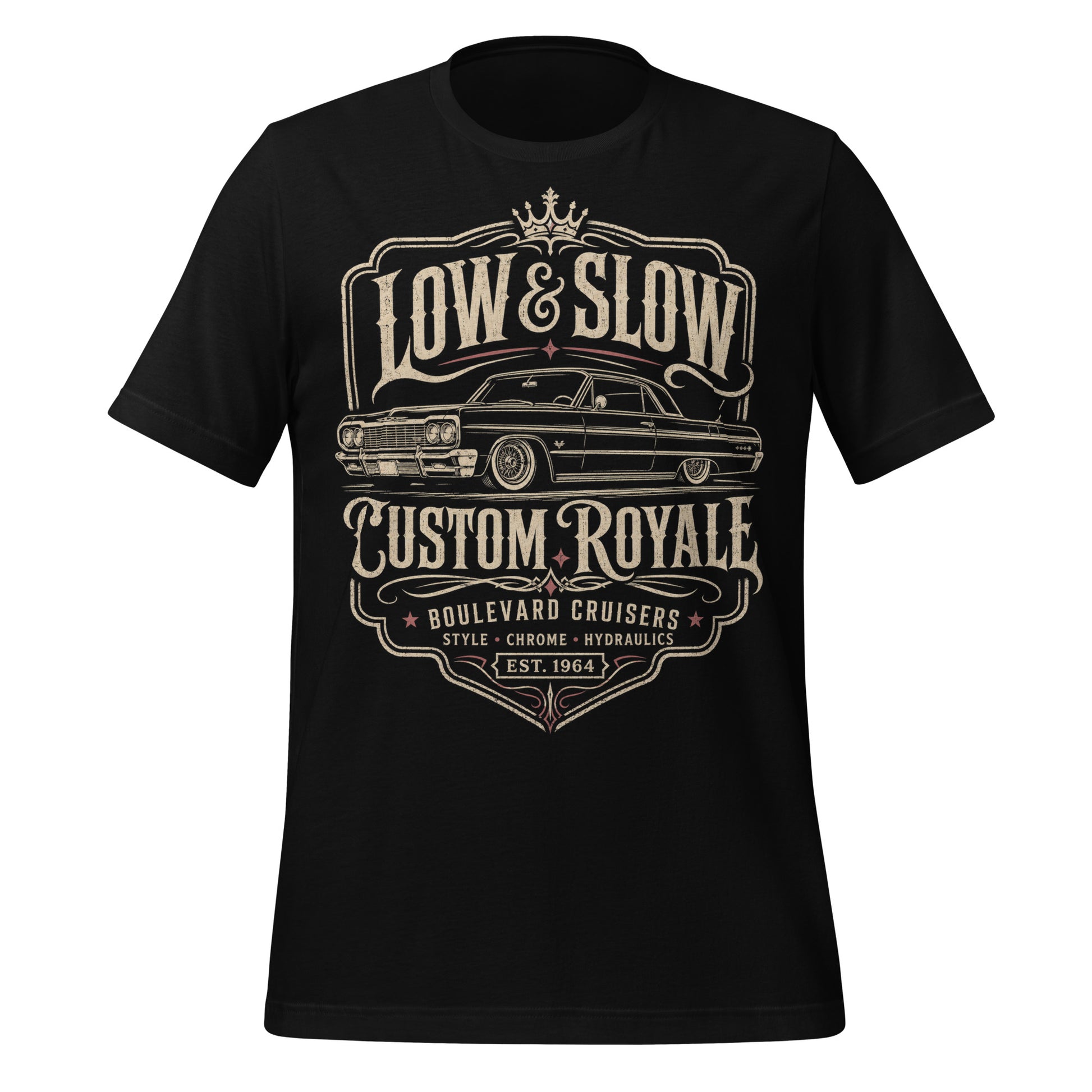 A black graphic tee featuring original Cinderpoint Studios artwork for Low & Slow Custom Royale, a retro lowrider design with a long custom cruiser inspired by a 1964 Impala, bold vintage lettering, crown detail, elegant framing, and Boulevard Cruisers text.