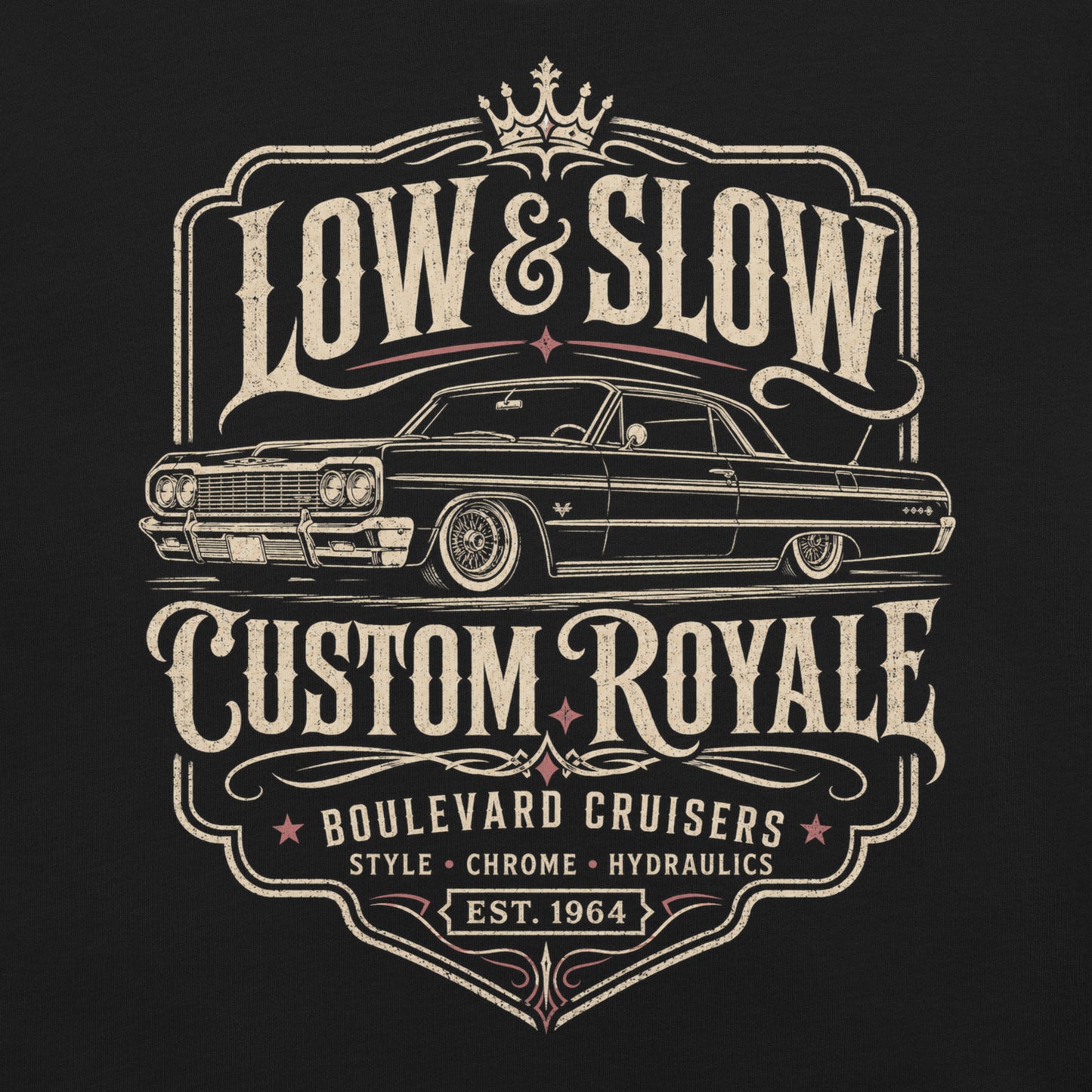 A black graphic tee featuring original Cinderpoint Studios artwork for Low & Slow Custom Royale, a retro lowrider design with a long custom cruiser inspired by a 1964 Impala, bold vintage lettering, crown detail, elegant framing, and Boulevard Cruisers text.