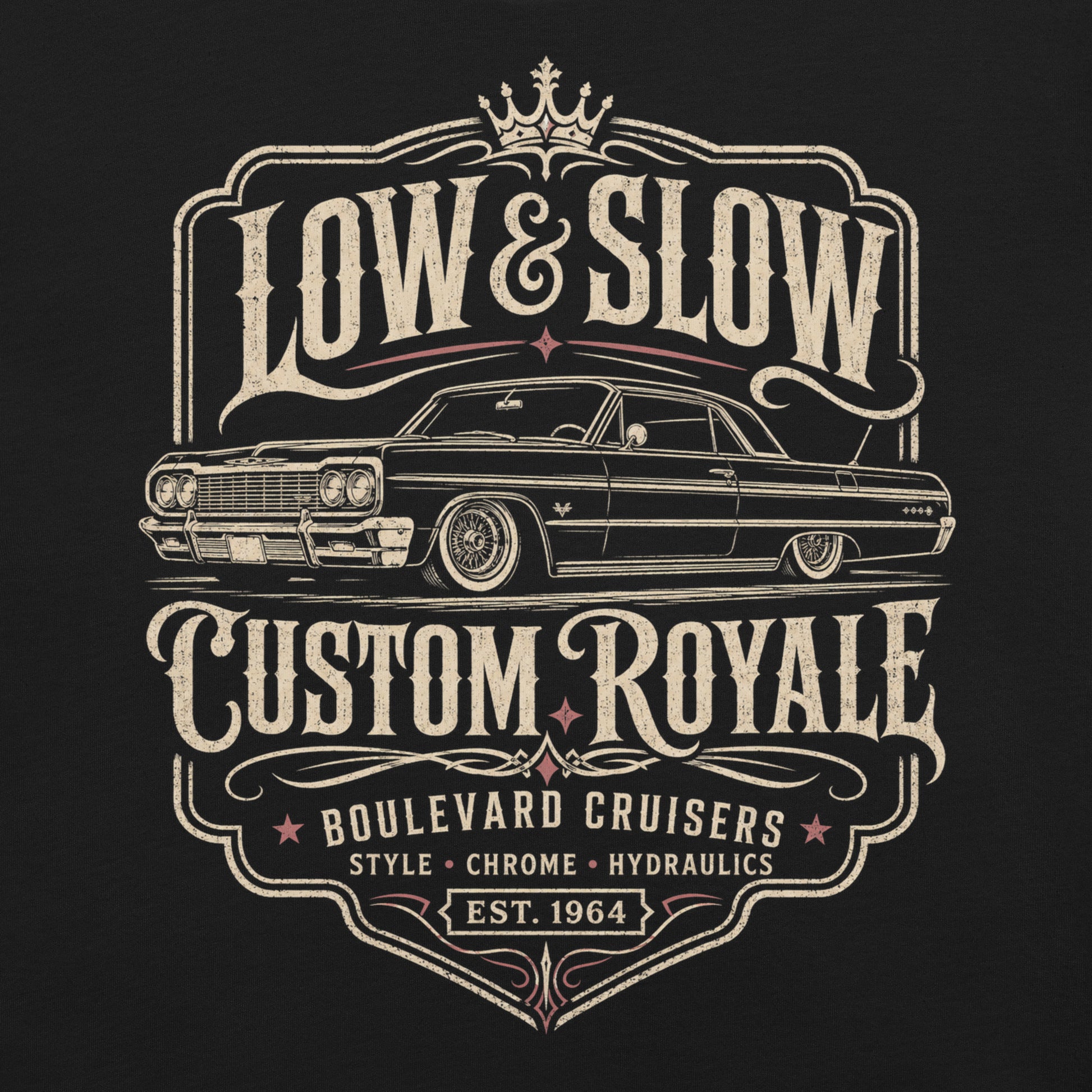 A black graphic tee featuring original Cinderpoint Studios artwork for Low & Slow Custom Royale, a retro lowrider design with a long custom cruiser inspired by a 1964 Impala, bold vintage lettering, crown detail, elegant framing, and Boulevard Cruisers text.