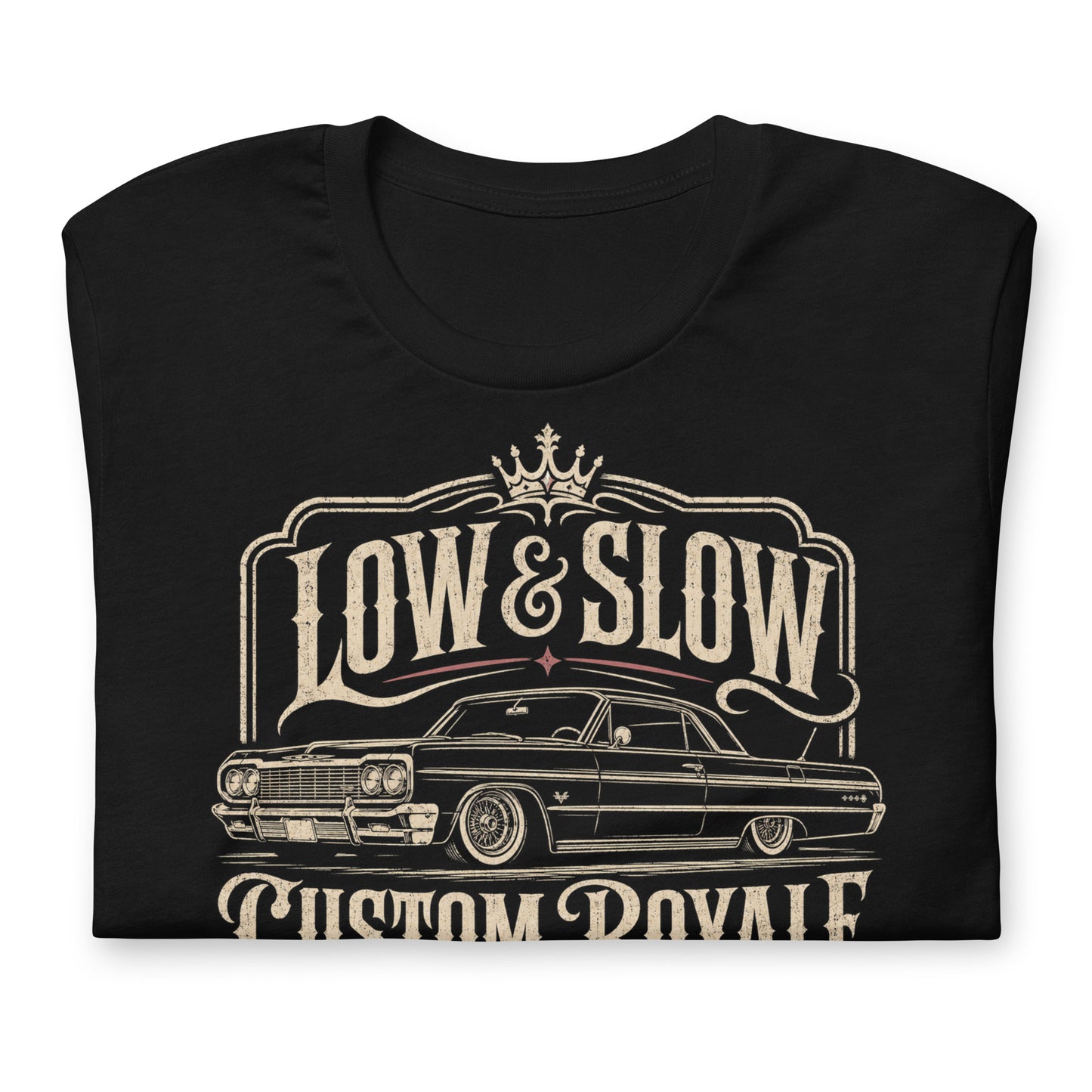 A black graphic tee featuring original Cinderpoint Studios artwork for Low & Slow Custom Royale, a retro lowrider design with a long custom cruiser inspired by a 1964 Impala, bold vintage lettering, crown detail, elegant framing, and Boulevard Cruisers text.