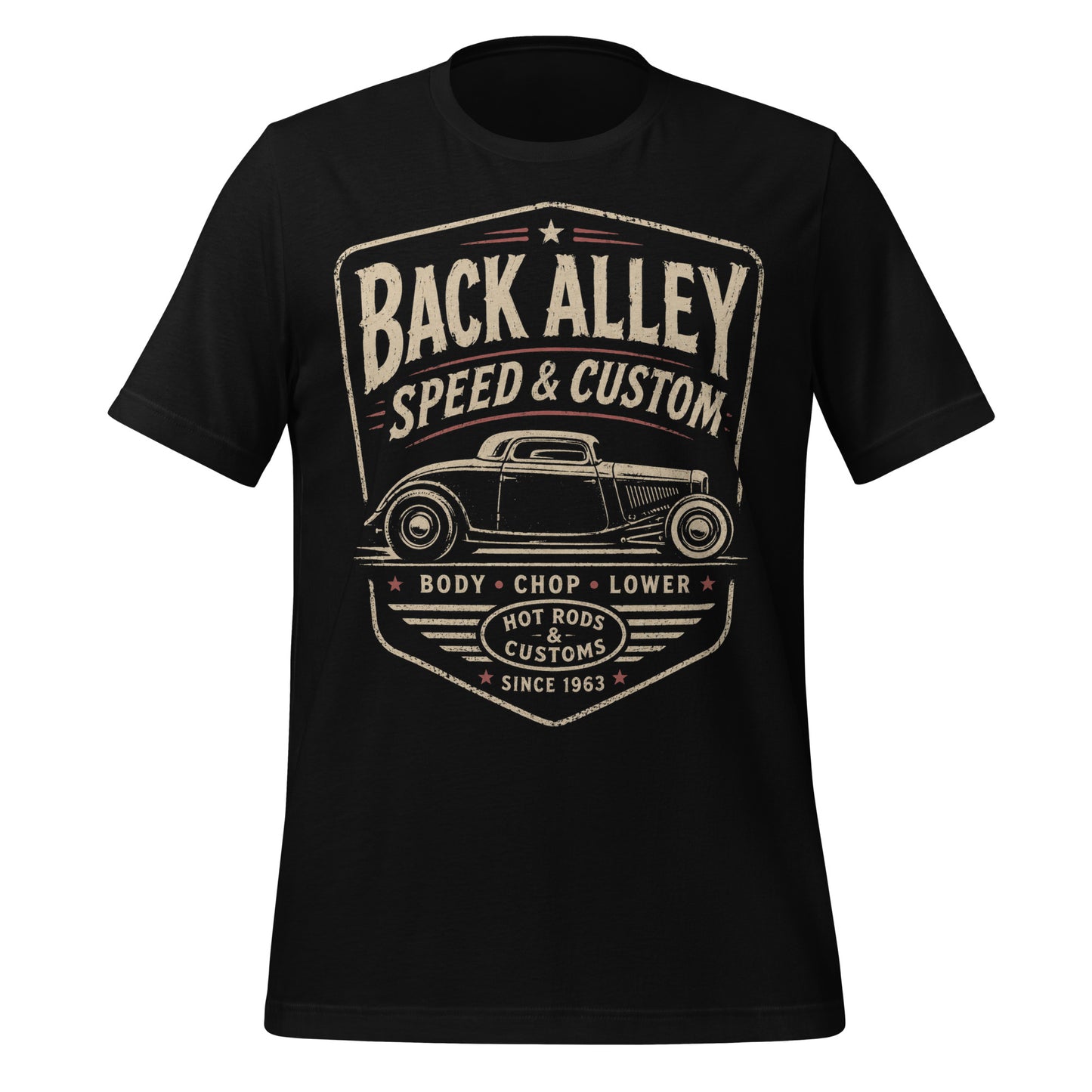 A black graphic tee featuring original Cinderpoint Studios artwork for Back Alley Speed & Custom, a retro hot rod garage design with a chopped custom car profile, bold distressed lettering, red accent details, Body Chop Lower text, and Hot Rods & Customs badge.