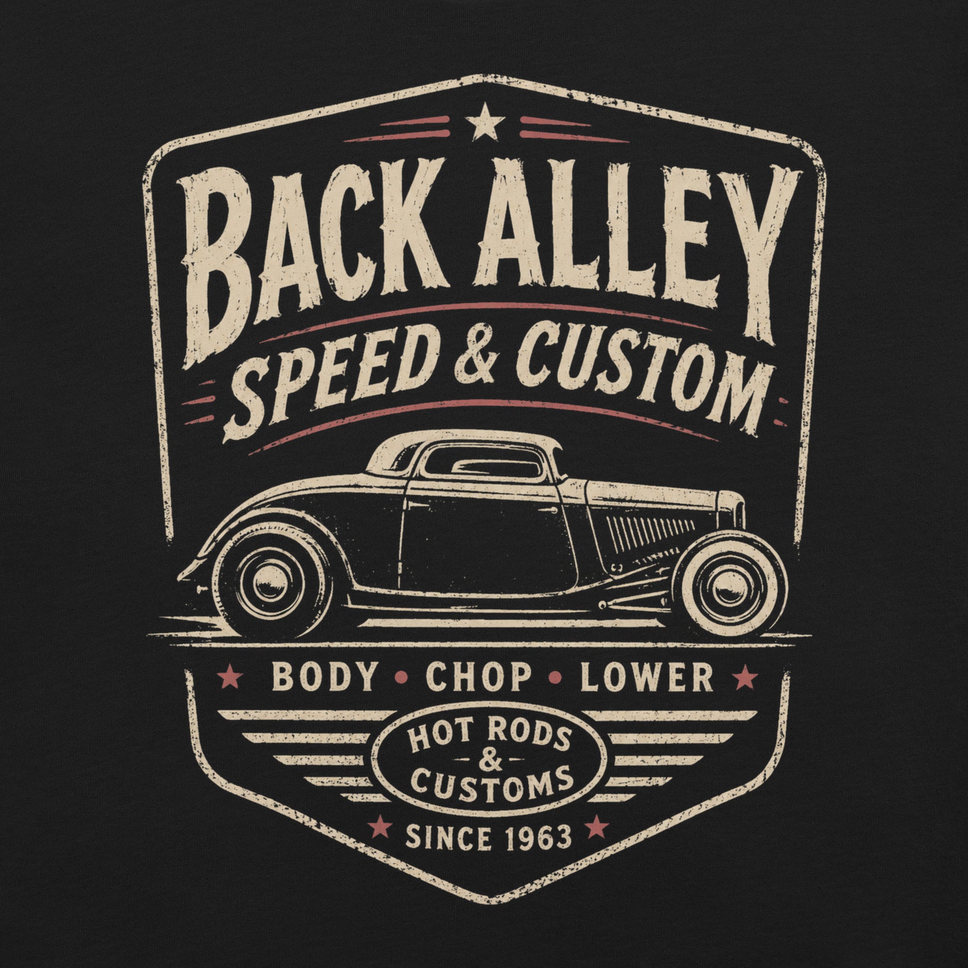 A black graphic tee featuring original Cinderpoint Studios artwork for Back Alley Speed & Custom, a retro hot rod garage design with a chopped custom car profile, bold distressed lettering, red accent details, Body Chop Lower text, and Hot Rods & Customs badge.