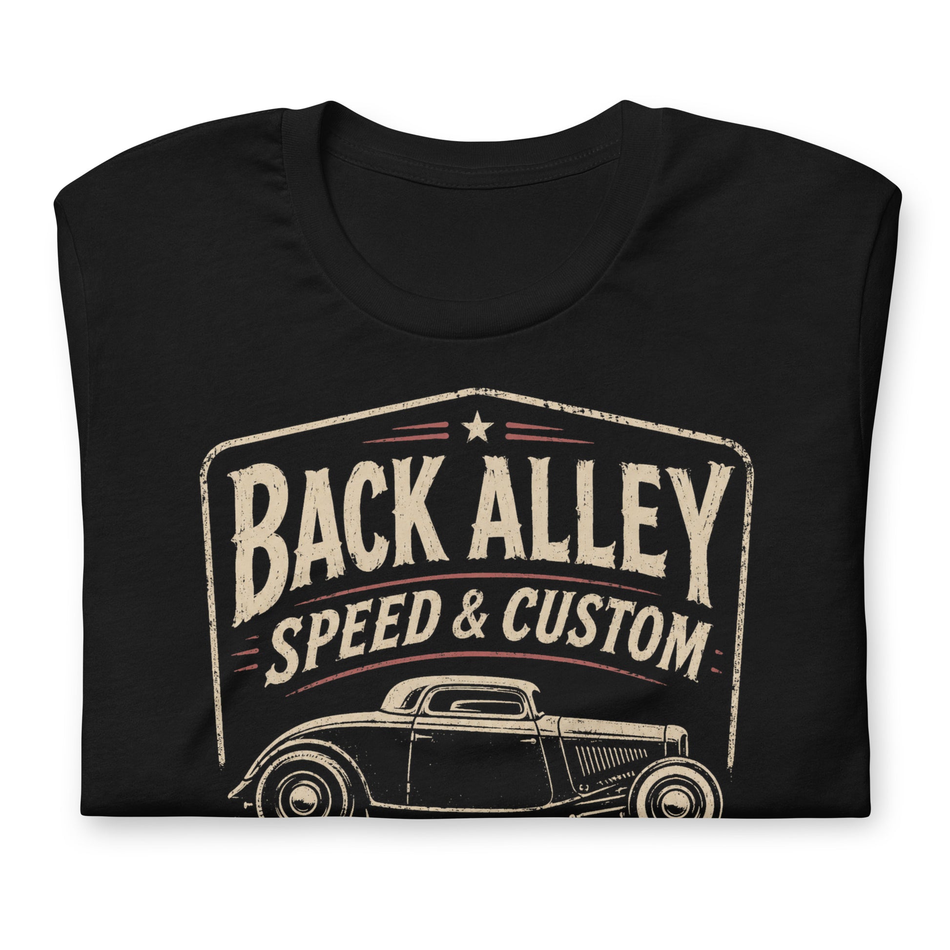 A black graphic tee featuring original Cinderpoint Studios artwork for Back Alley Speed & Custom, a retro hot rod garage design with a chopped custom car profile, bold distressed lettering, red accent details, Body Chop Lower text, and Hot Rods & Customs badge.