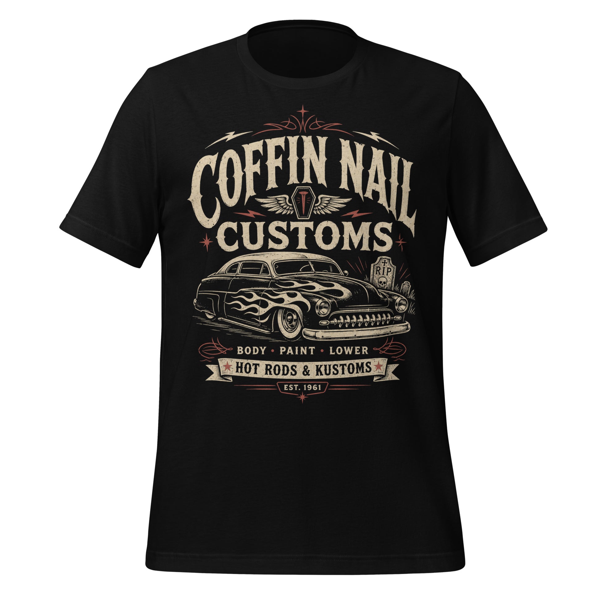 Black graphic tee featuring original Cinderpoint Studios artwork for Coffin Nail Customs, a psychobilly hot rod design with bold distressed lettering, a chopped custom lead sled, flame graphics, winged coffin nail emblem, lightning bolts, cemetery details, and Hot Rods & Kustoms text.

