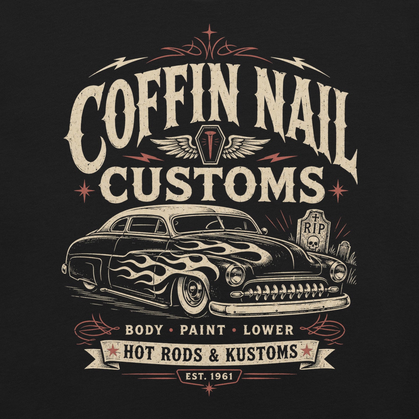 Black graphic tee featuring original Cinderpoint Studios artwork for Coffin Nail Customs, a psychobilly hot rod design with bold distressed lettering, a chopped custom lead sled, flame graphics, winged coffin nail emblem, lightning bolts, cemetery details, and Hot Rods & Kustoms text.
