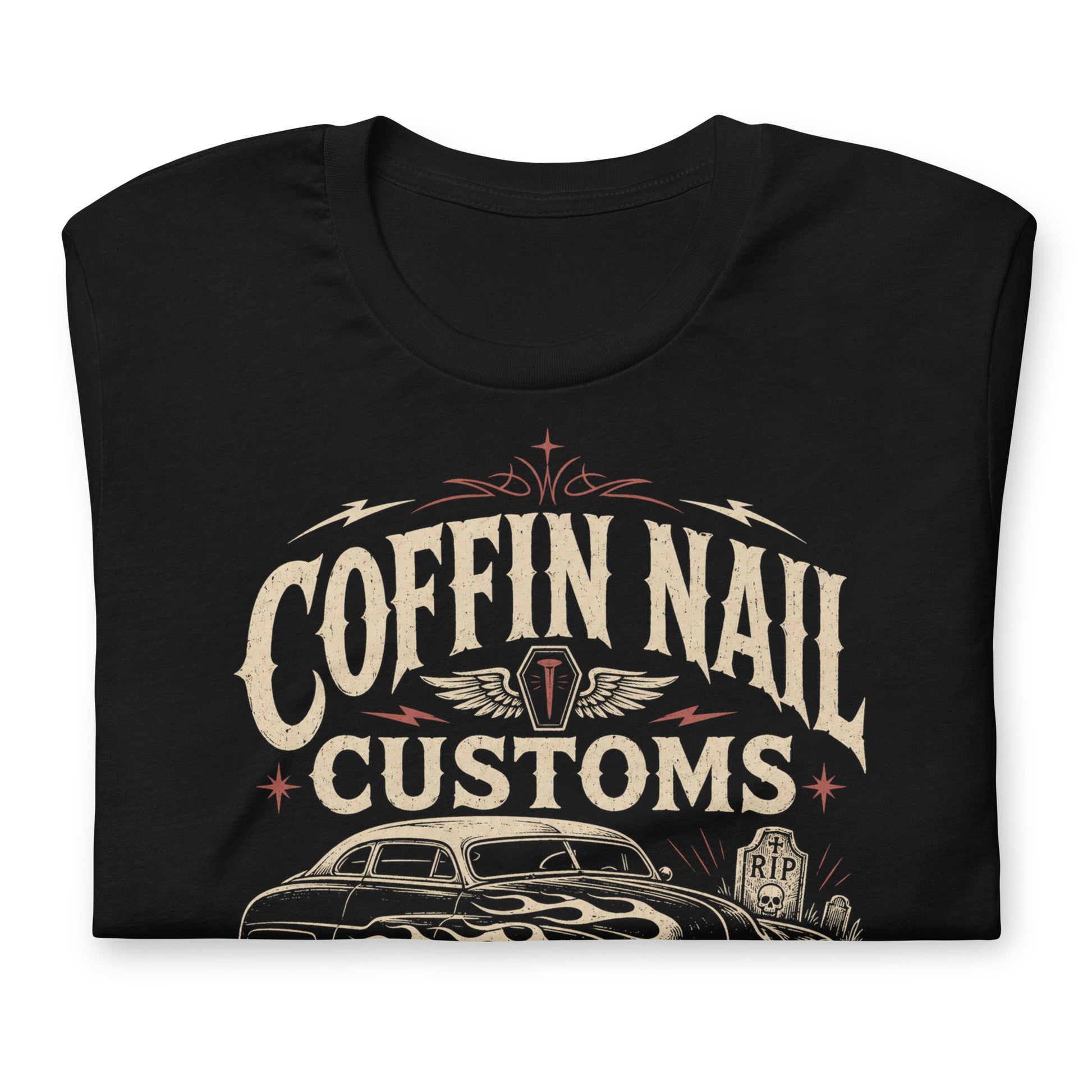 Black graphic tee featuring original Cinderpoint Studios artwork for Coffin Nail Customs, a psychobilly hot rod design with bold distressed lettering, a chopped custom lead sled, flame graphics, winged coffin nail emblem, lightning bolts, cemetery details, and Hot Rods & Kustoms text.
