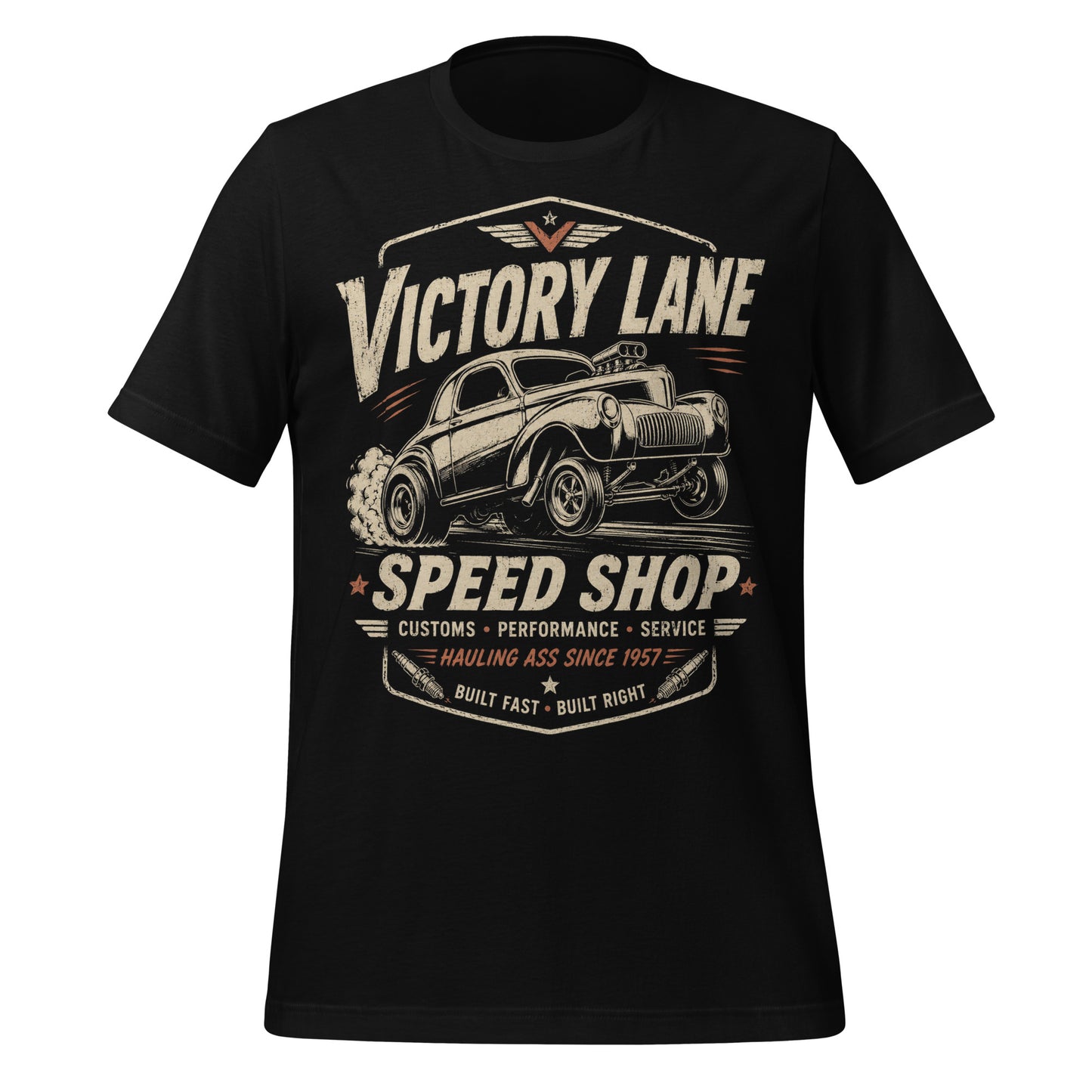 Black graphic tee featuring original Cinderpoint Studios artwork for Victory Lane Speed Shop, a retro hot rod design with a gasser-style car launching hard, bold vintage lettering, spark plug accents, orange speed details, and Built Fast Built Right text.