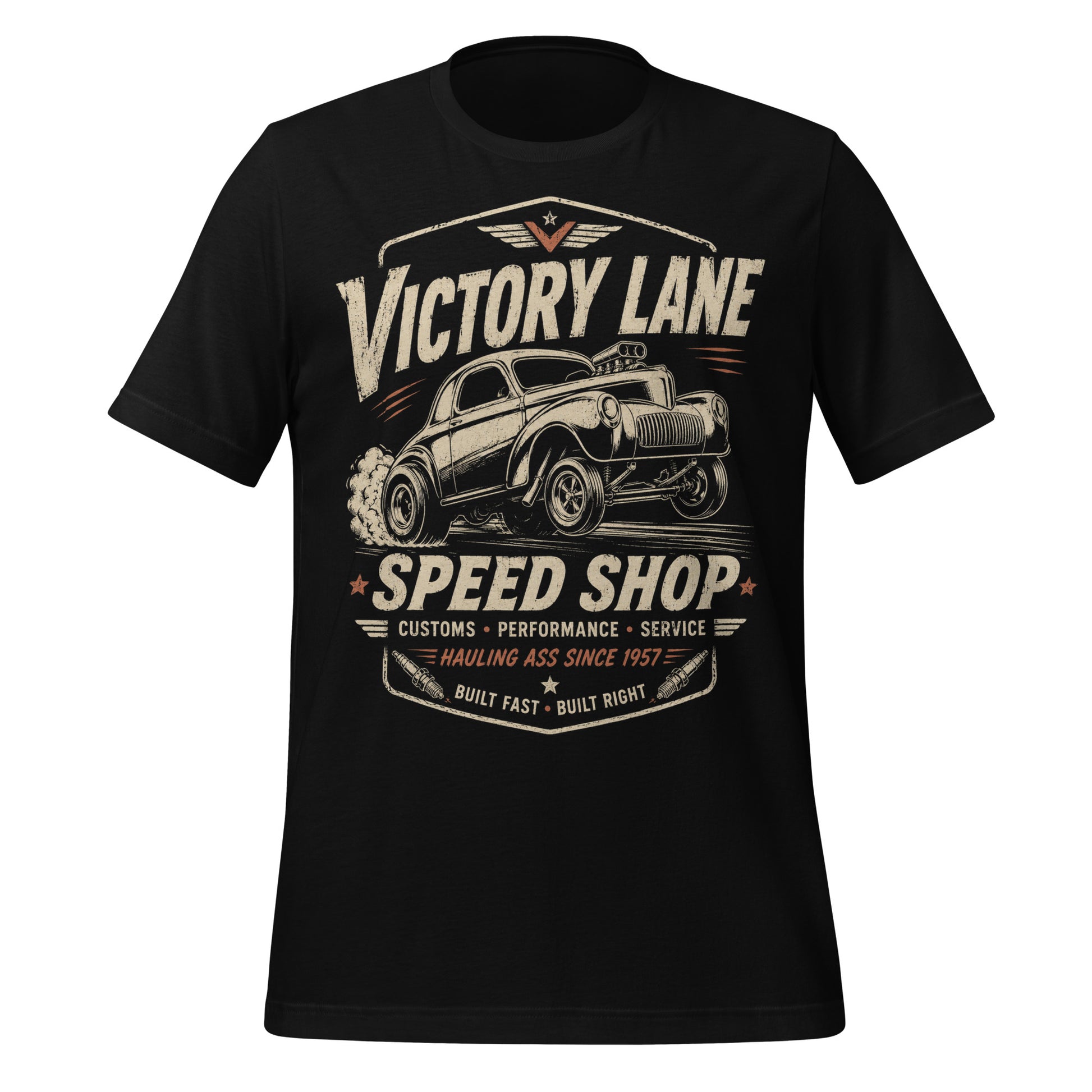Black graphic tee featuring original Cinderpoint Studios artwork for Victory Lane Speed Shop, a retro hot rod design with a gasser-style car launching hard, bold vintage lettering, spark plug accents, orange speed details, and Built Fast Built Right text.