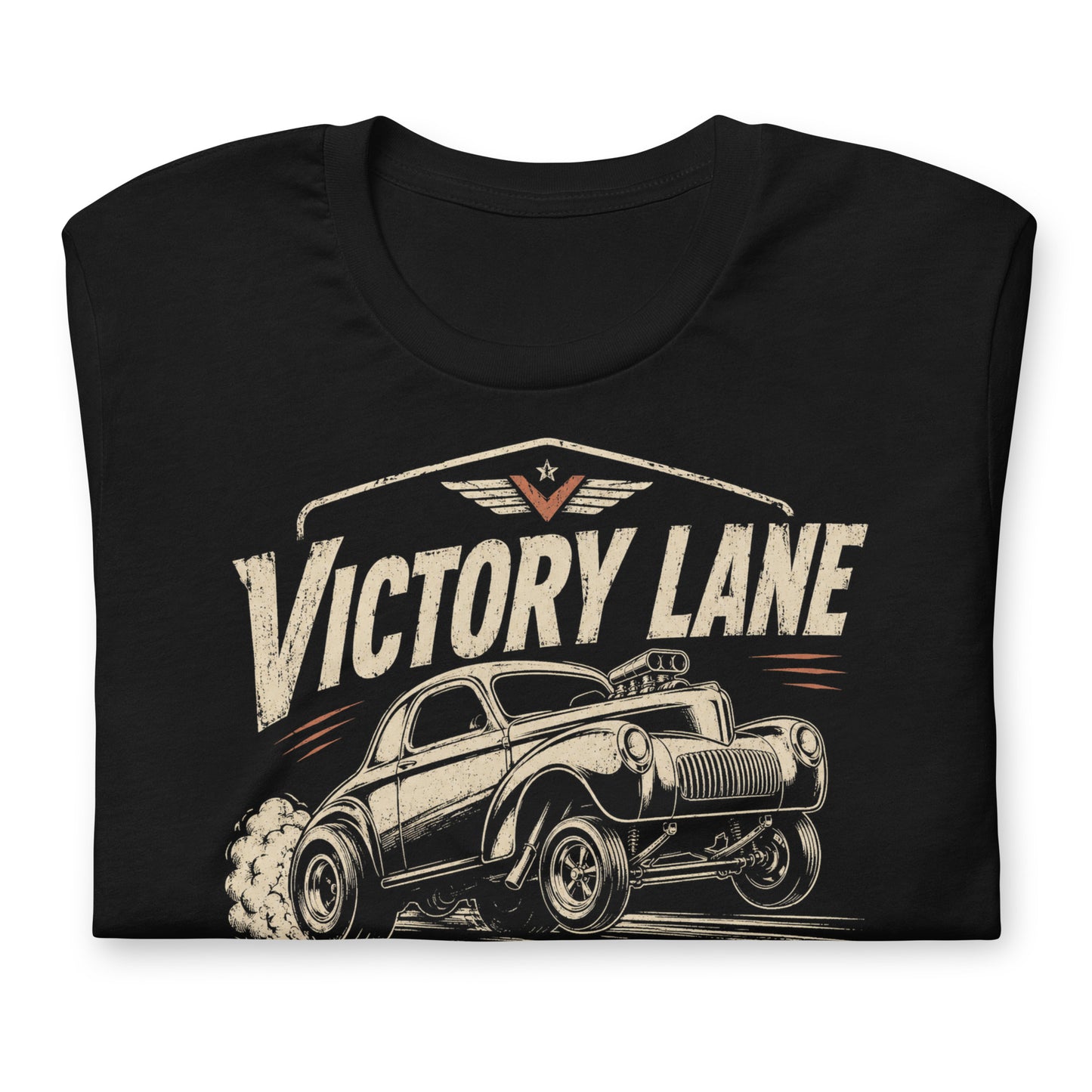 Black graphic tee featuring original Cinderpoint Studios artwork for Victory Lane Speed Shop, a retro hot rod design with a gasser-style car launching hard, bold vintage lettering, spark plug accents, orange speed details, and Built Fast Built Right text.