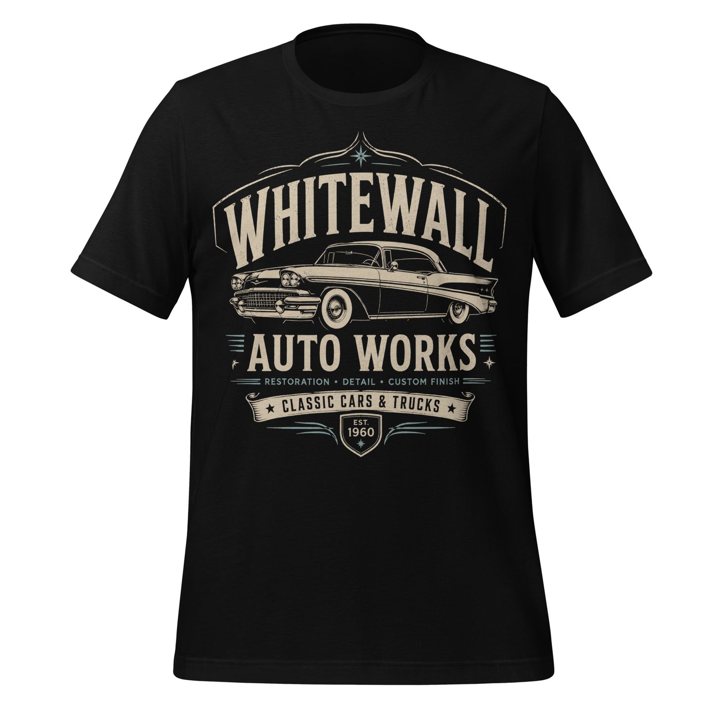 Black graphic tee featuring original Cinderpoint Studios artwork for Tailfin Classics, a retro auto service center design with a 1950s-style classic car, bold tailfins, vintage lettering, teal accents, crossed wrenches, spark plugs, and Alignment Brakes Suspension text.