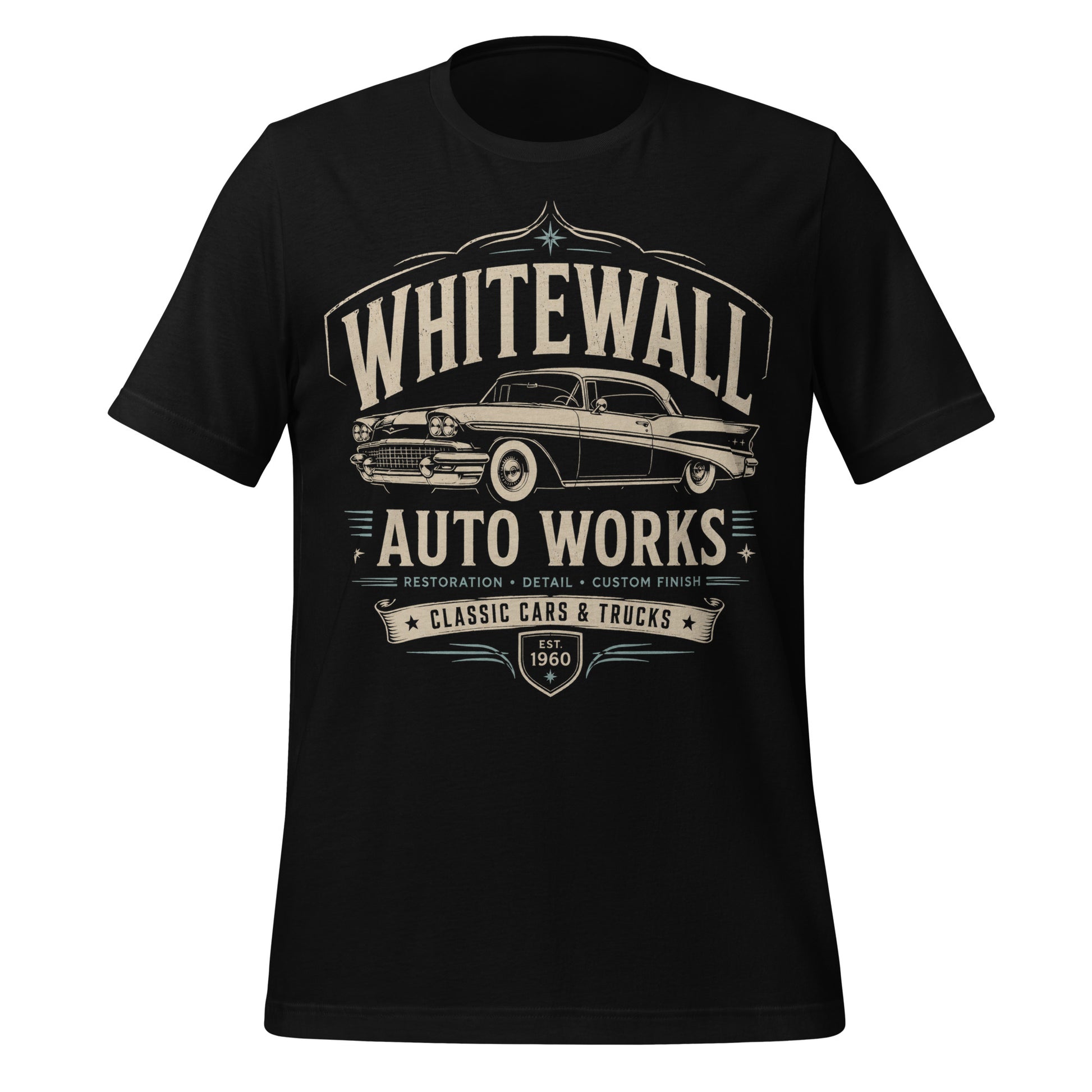 Black graphic tee featuring original Cinderpoint Studios artwork for Tailfin Classics, a retro auto service center design with a 1950s-style classic car, bold tailfins, vintage lettering, teal accents, crossed wrenches, spark plugs, and Alignment Brakes Suspension text.