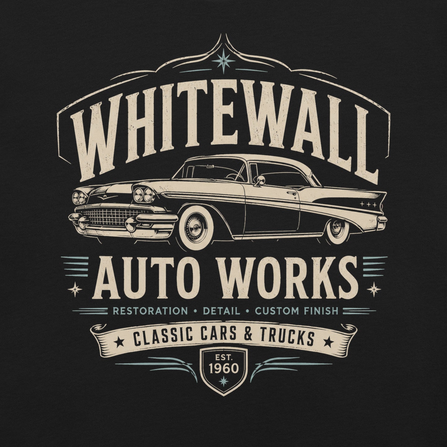 Black graphic tee featuring original Cinderpoint Studios artwork for Tailfin Classics, a retro auto service center design with a 1950s-style classic car, bold tailfins, vintage lettering, teal accents, crossed wrenches, spark plugs, and Alignment Brakes Suspension text.