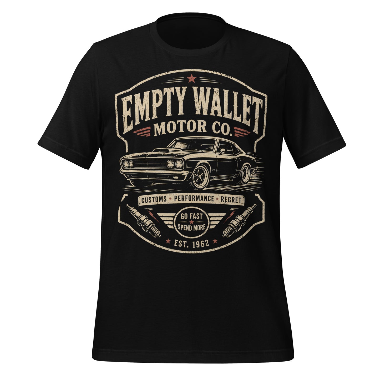 Black graphic tee featuring original Cinderpoint Studios artwork for Empty Wallet Motor Co., a funny retro garage design with a classic muscle car, bold vintage lettering, spark plug details, red accents, Customs Performance Regret text, and Go Fast Spend More slogan.