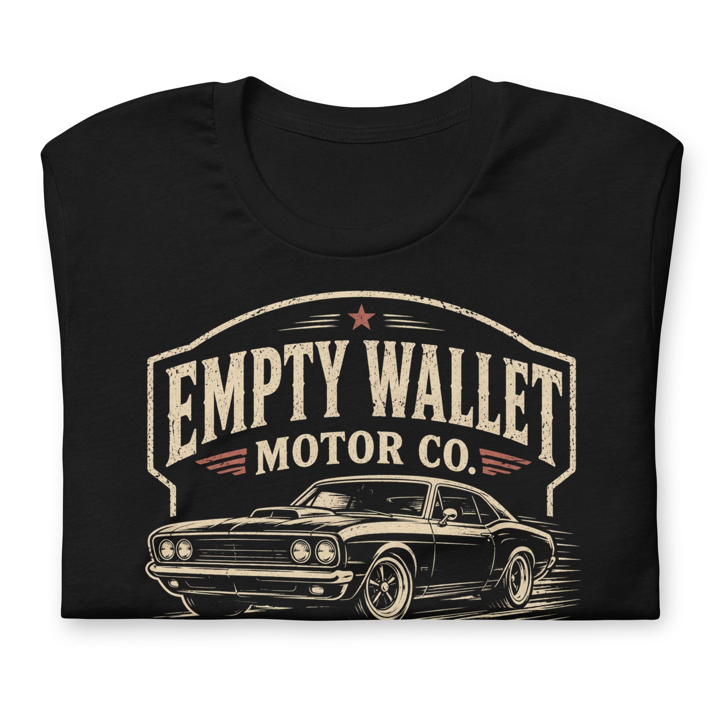 Black graphic tee featuring original Cinderpoint Studios artwork for Empty Wallet Motor Co., a funny retro garage design with a classic muscle car, bold vintage lettering, spark plug details, red accents, Customs Performance Regret text, and Go Fast Spend More slogan.