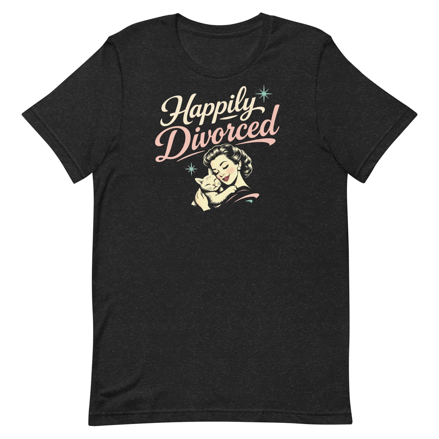 Heathered black retro graphic t-shirt featuring the phrase Happily Divorced in cream and pink script above a vintage-inspired woman cuddling her cat with small aqua atomic starbursts.