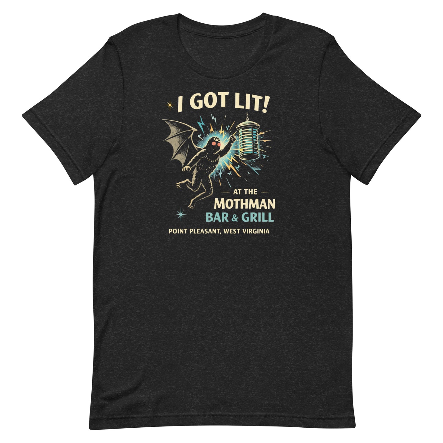 Heathered Black retro graphic t-shirt featuring Mothman flying into a glowing bug light with the phrase I Got Lit at the Mothman Bar and Grill, Point Pleasant, West Virginia.