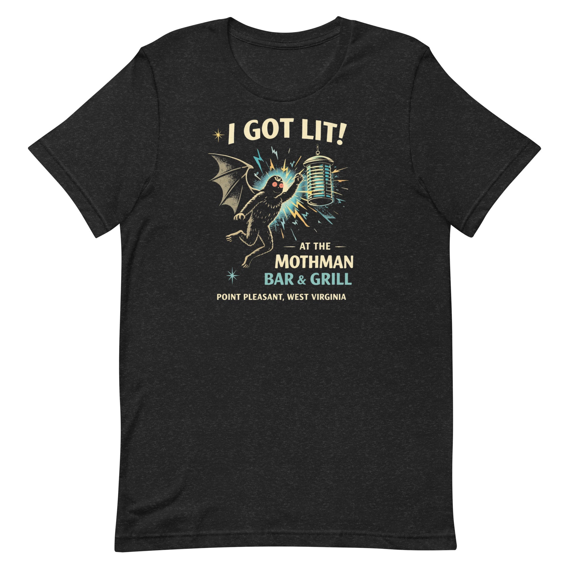Heathered Black retro graphic t-shirt featuring Mothman flying into a glowing bug light with the phrase I Got Lit at the Mothman Bar and Grill, Point Pleasant, West Virginia.