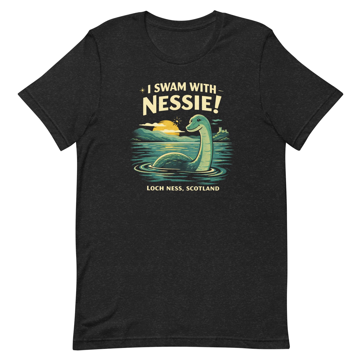 A retro cryptid travel t-shirt featuring Nessie in Loch Ness, Scotland with scenic vintage-style artwork and playful souvenir-shirt charm.