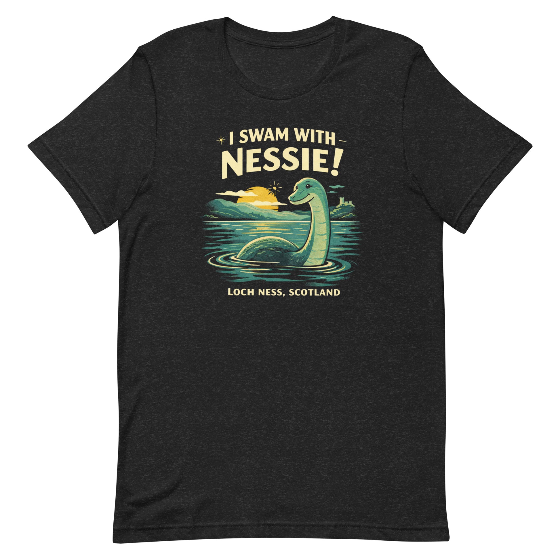 A retro cryptid travel t-shirt featuring Nessie in Loch Ness, Scotland with scenic vintage-style artwork and playful souvenir-shirt charm.