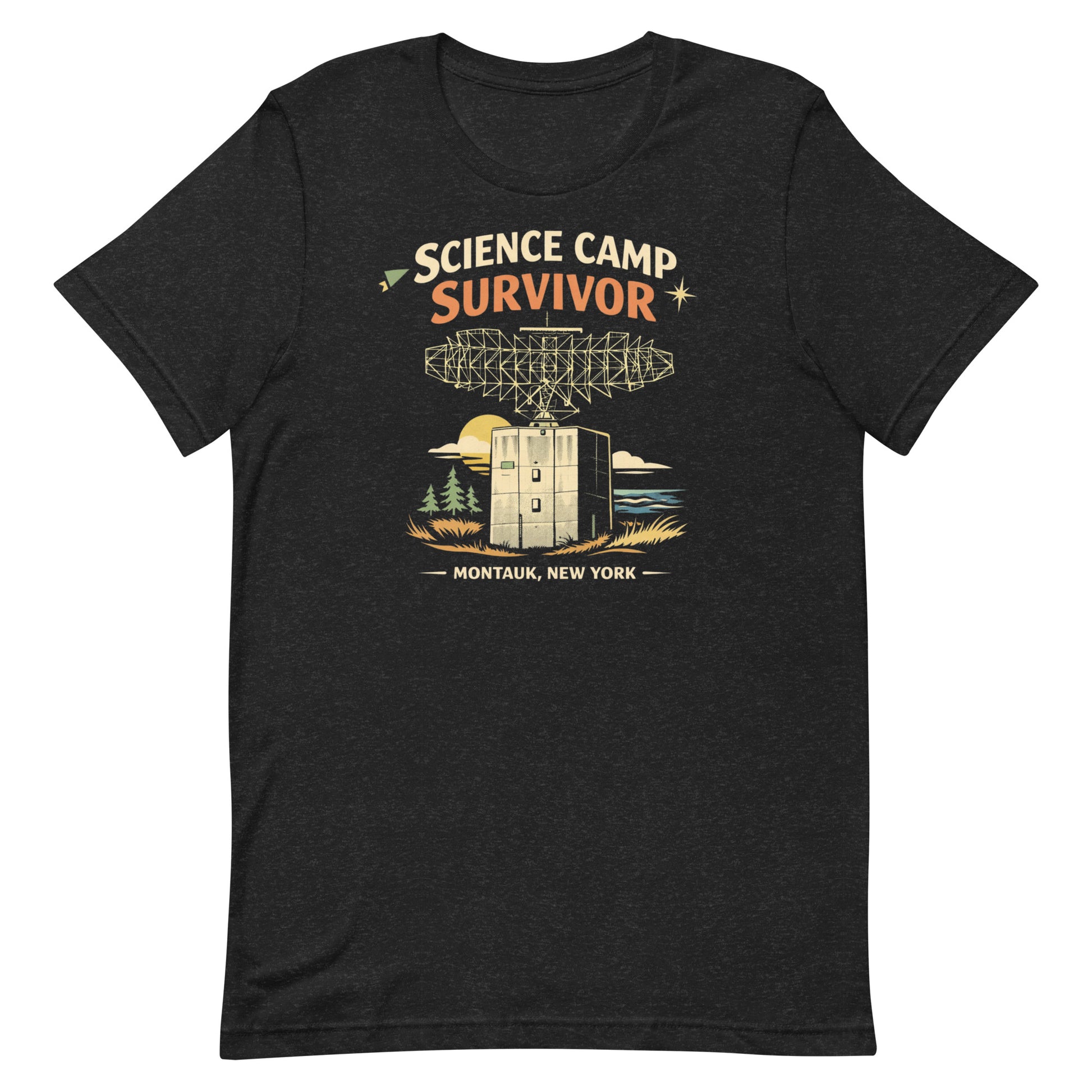 Black retro graphic t-shirt featuring the phrase Science Camp Survivor above a vintage-style radar tower illustration with Montauk, New York text below.