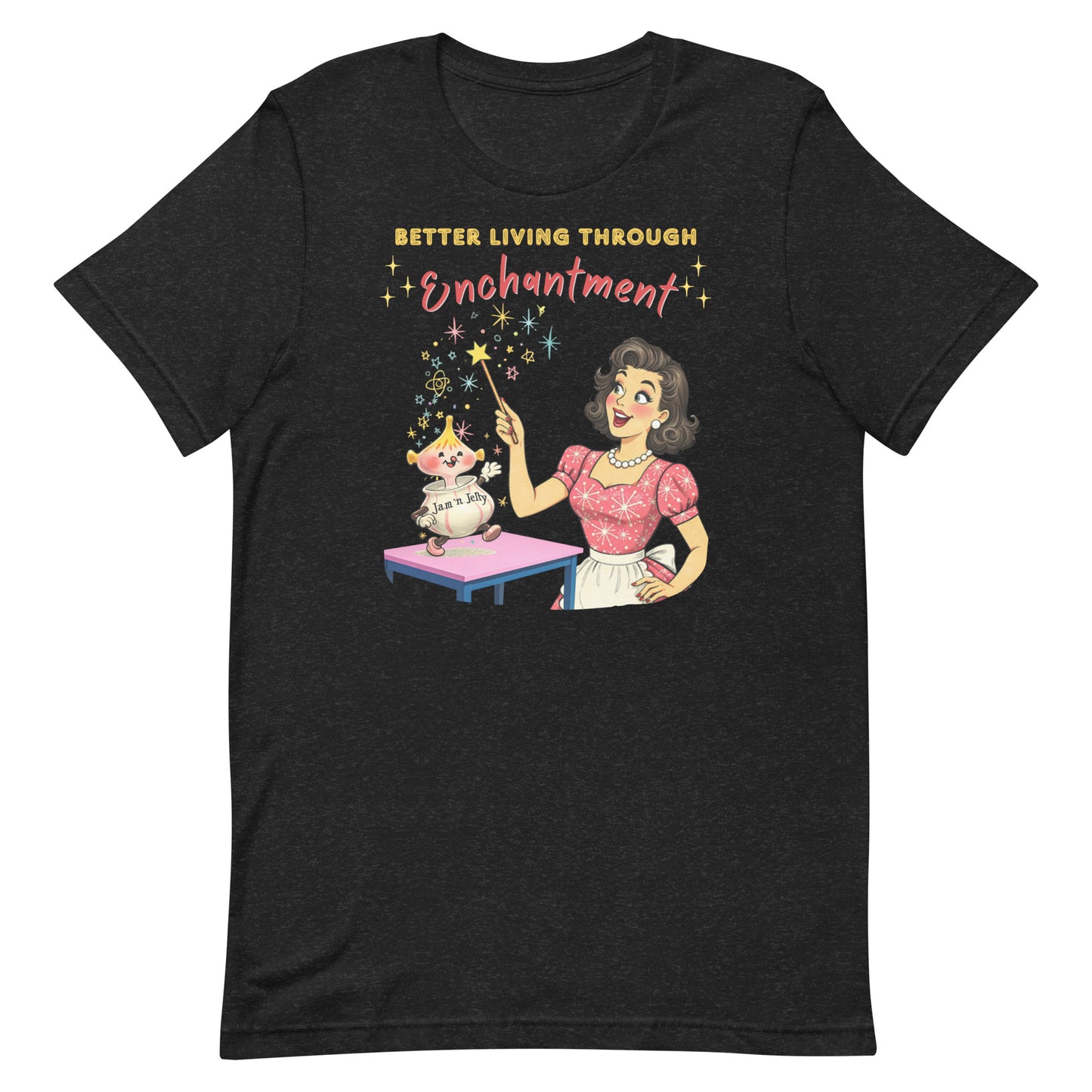 Distressed retro watercolor illustration of a 1950s housewife enchanting breakfast items on a heathered black background.
