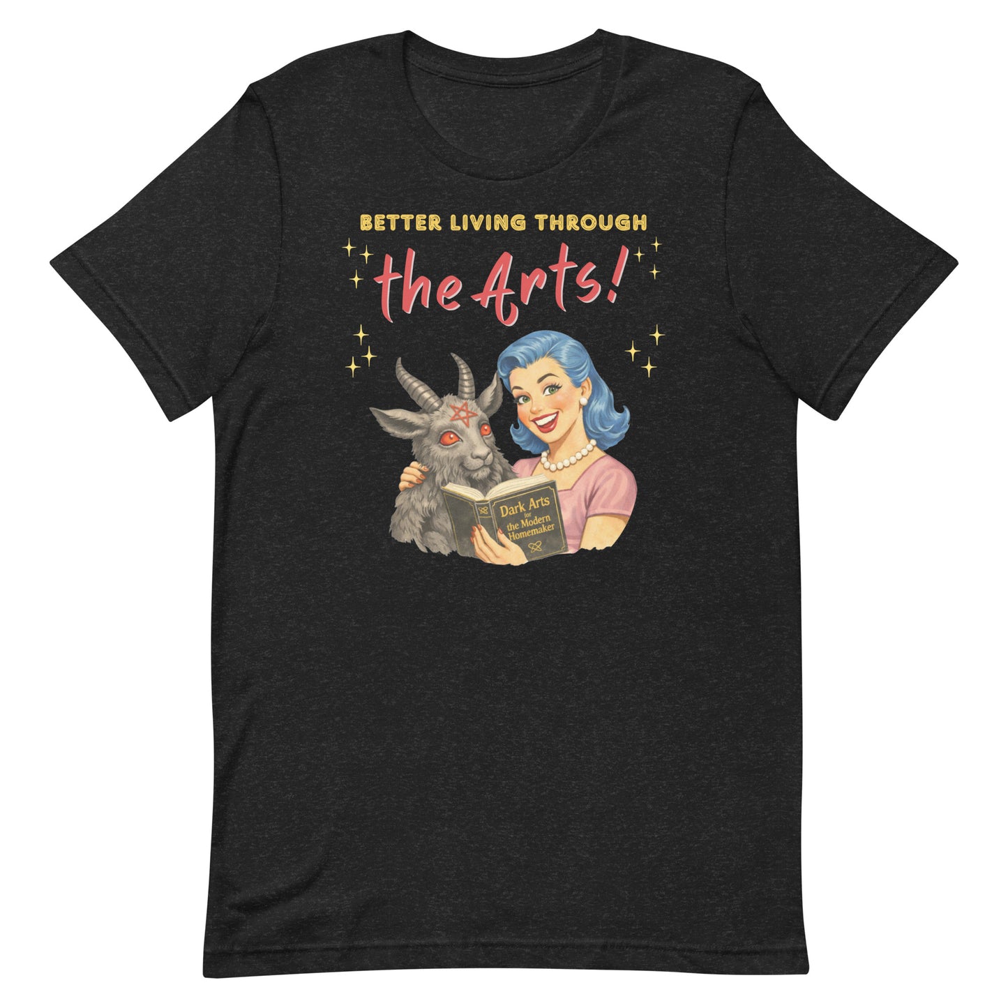 Retro watercolor illustration of a woman with blue hair and pearls reading a "Dark Arts" book next to a goat with a pentagram on its forehead on a black t-shirt.