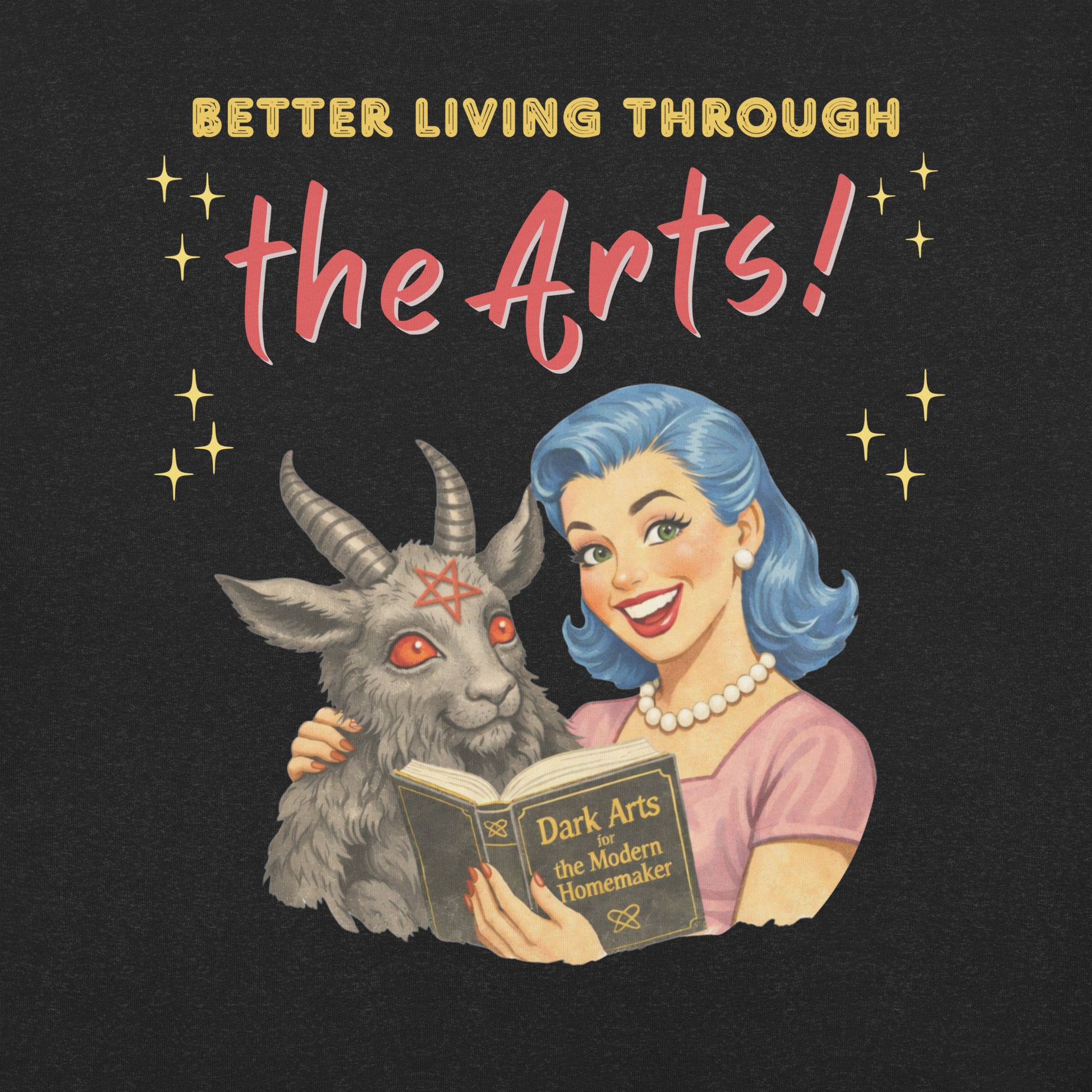 Retro watercolor illustration of a woman with blue hair and pearls reading a "Dark Arts" book next to a goat with a pentagram on its forehead on a black t-shirt.