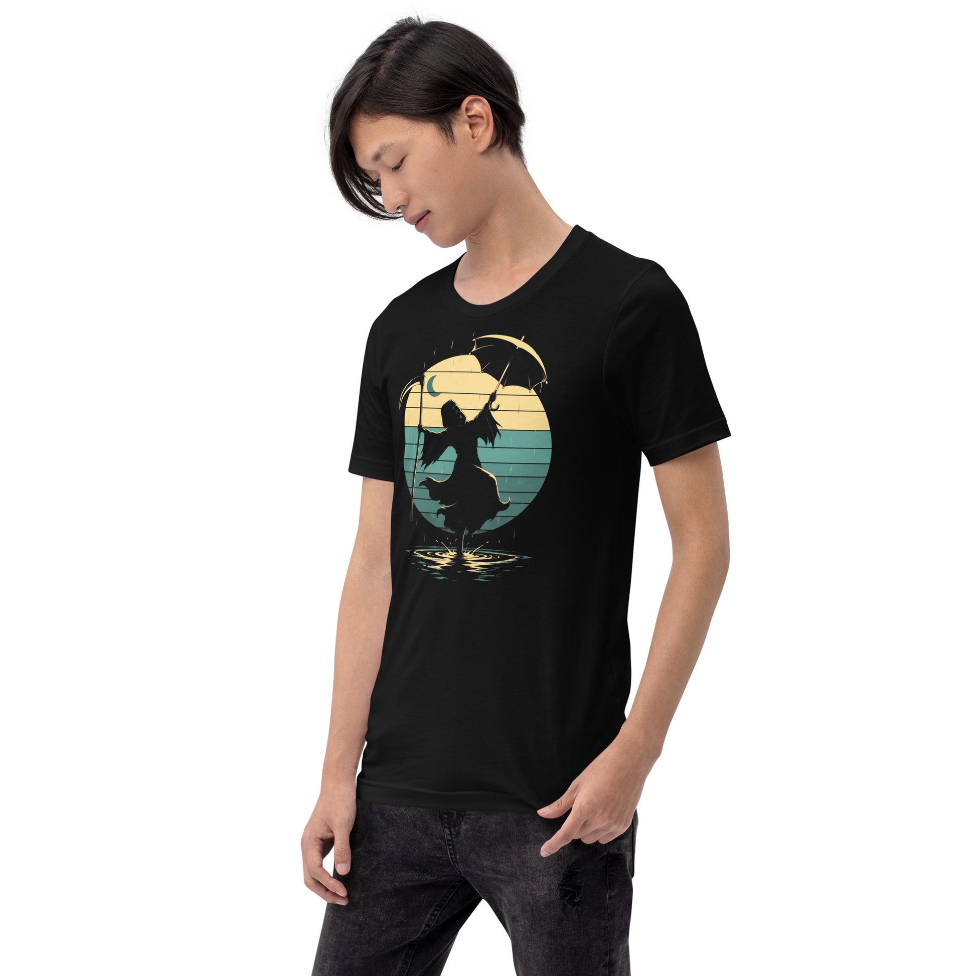 A retro-style graphic t-shirt featuring the Grim Reaper in a tuxedo and top hat, holding an umbrella and dancing in the rain against a vibrant 1980s sunburst backdrop.