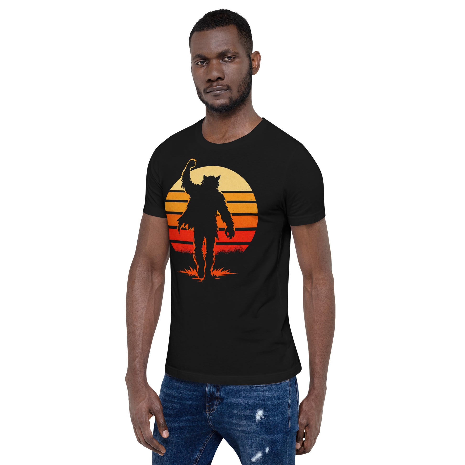 A retro-style graphic t-shirt featuring a werewolf version of Judd Nelson’s character from The Breakfast Club, raising a hairy fist in the air against a vibrant 80s sunburst.
