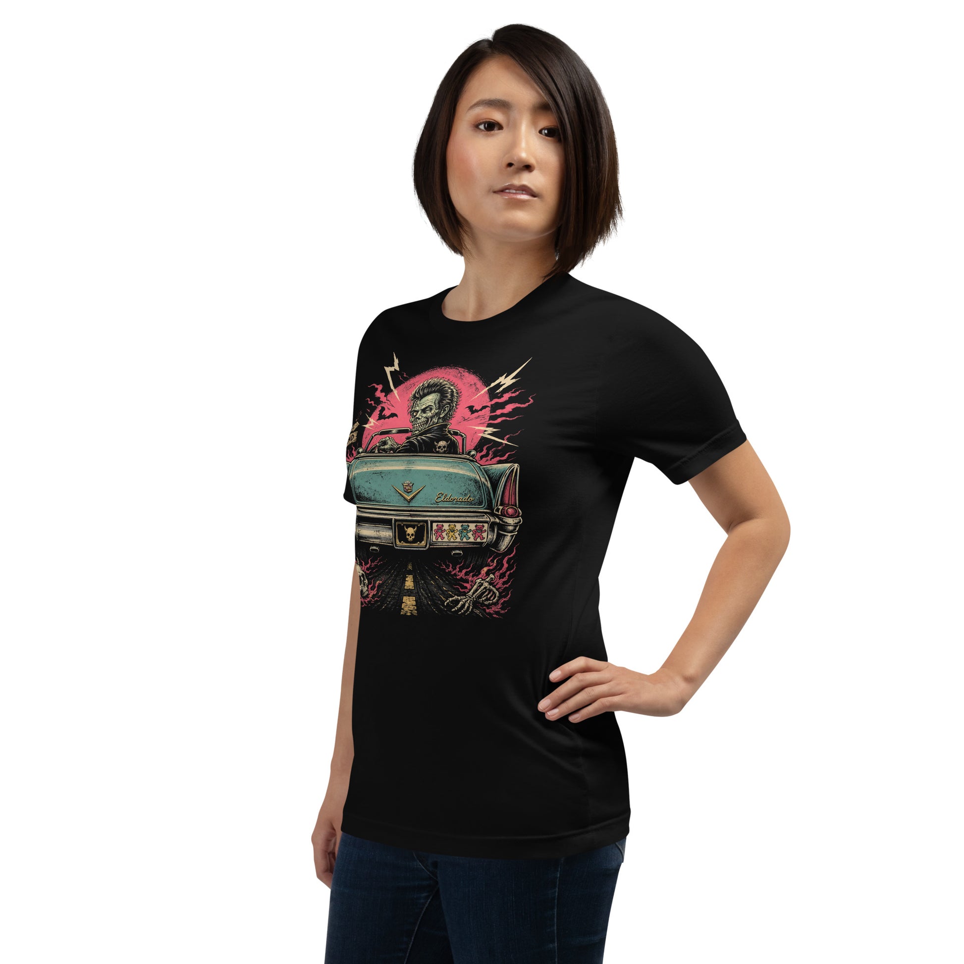  A retro graphic on a black t-shirt featuring a horror punk zombie driver and the rear end of a vintage Cadillac with grateful dead bumper sticker