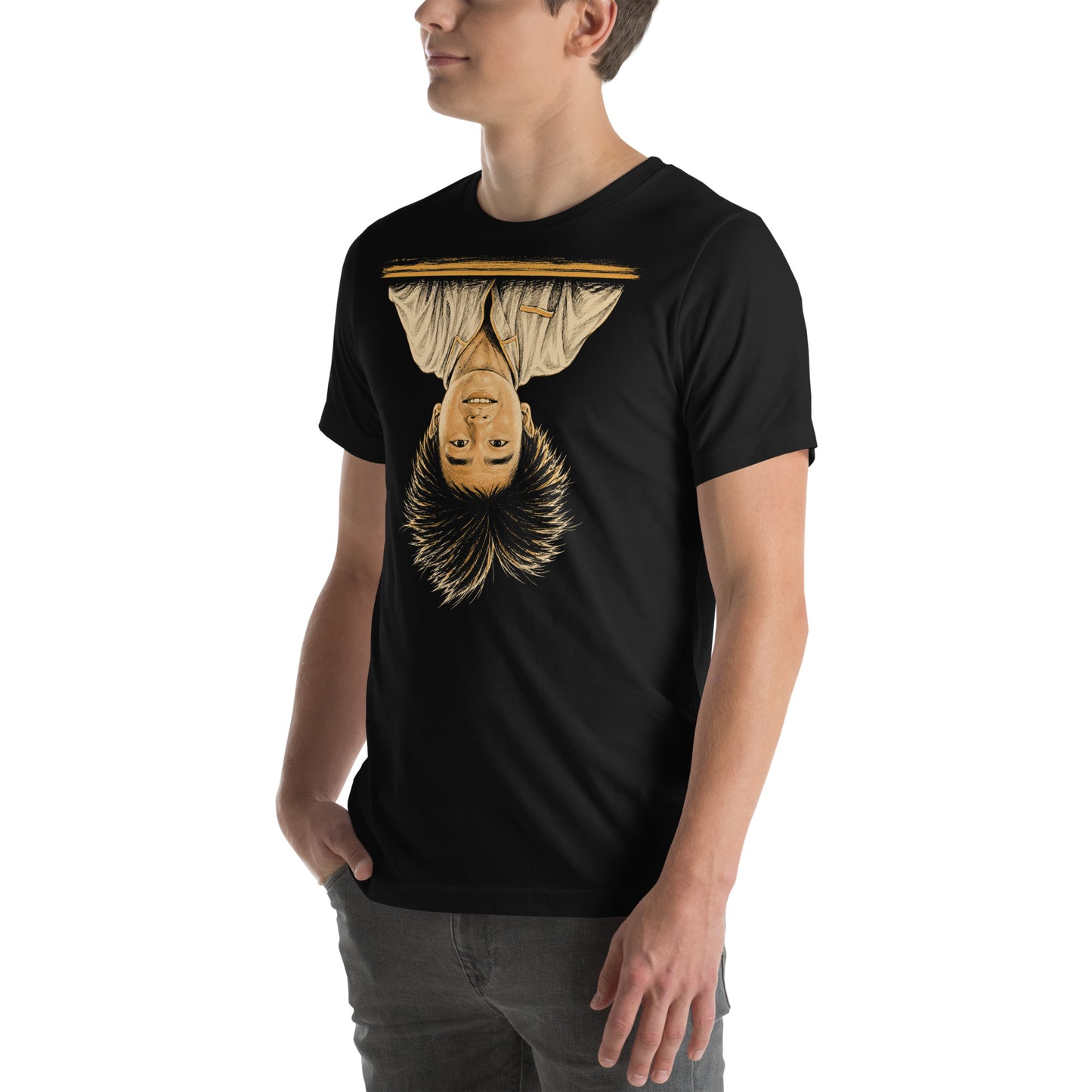 A black t-shirt featuring the iconic image of Long Duk Dong upside down from the scene "What's Happenin Hot Stuff" in the 80s comedy Sixteen Candles.