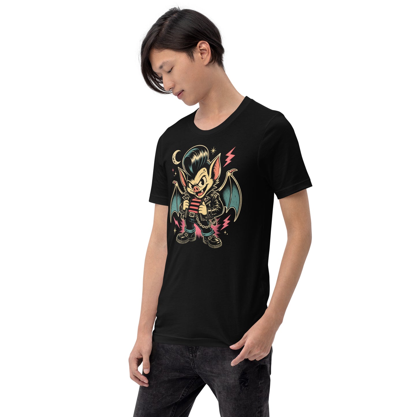 A cartoon-style vampire bat greaser with a pompadour, wearing a leather jacket and striped shirt, standing in a defiant pose with lightning bolts and a crescent moon on our premium black tee.
