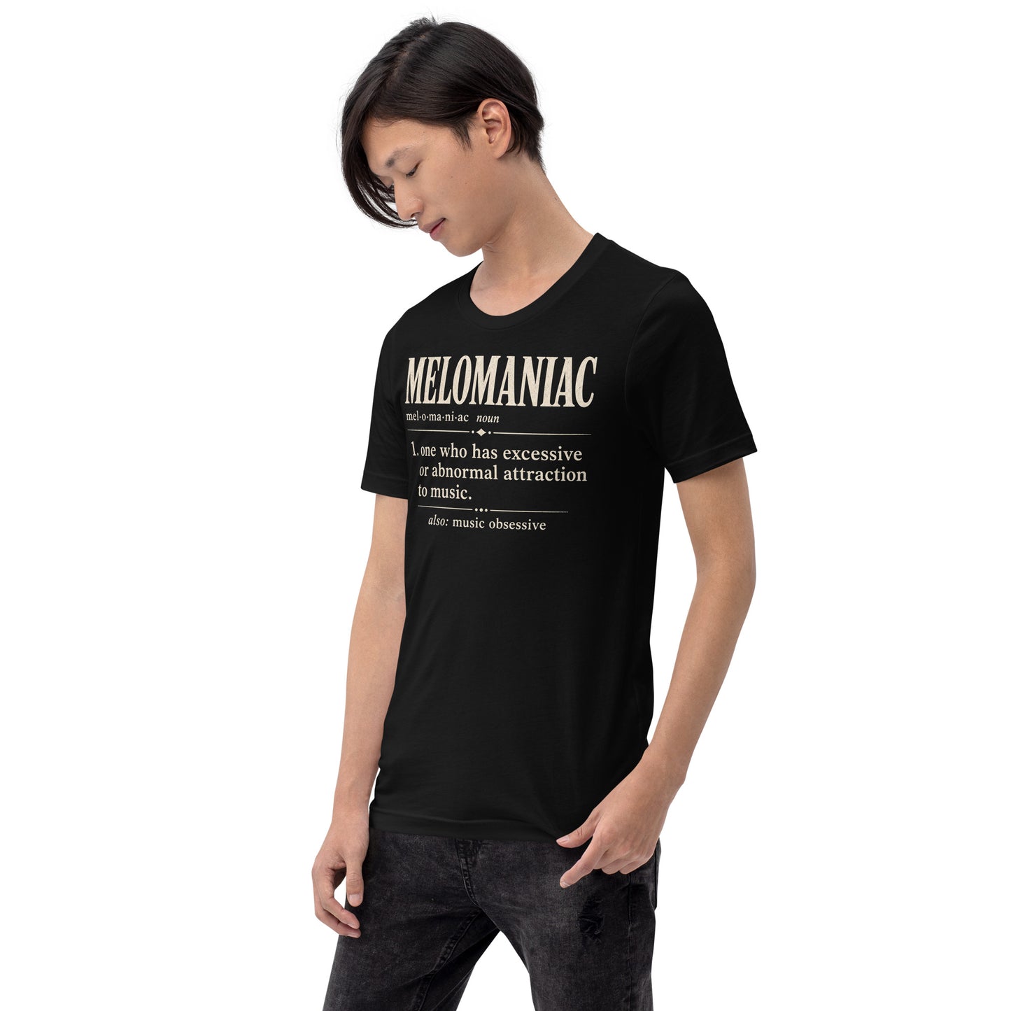 Model wearing black Melomaniac music lover t-shirt with vintage dictionary definition graphic