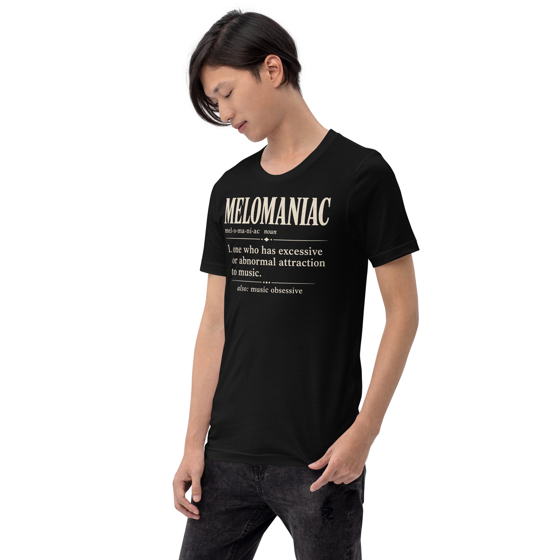 Model wearing black Melomaniac music lover t-shirt with vintage dictionary definition graphic