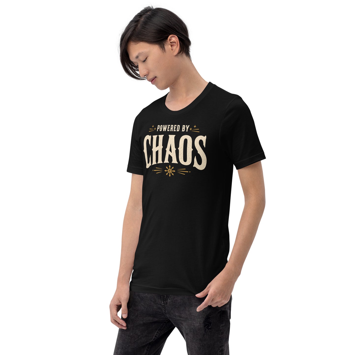 Model wearing black Powered by Chaos t-shirt with vintage typography and chaos magick aesthetic