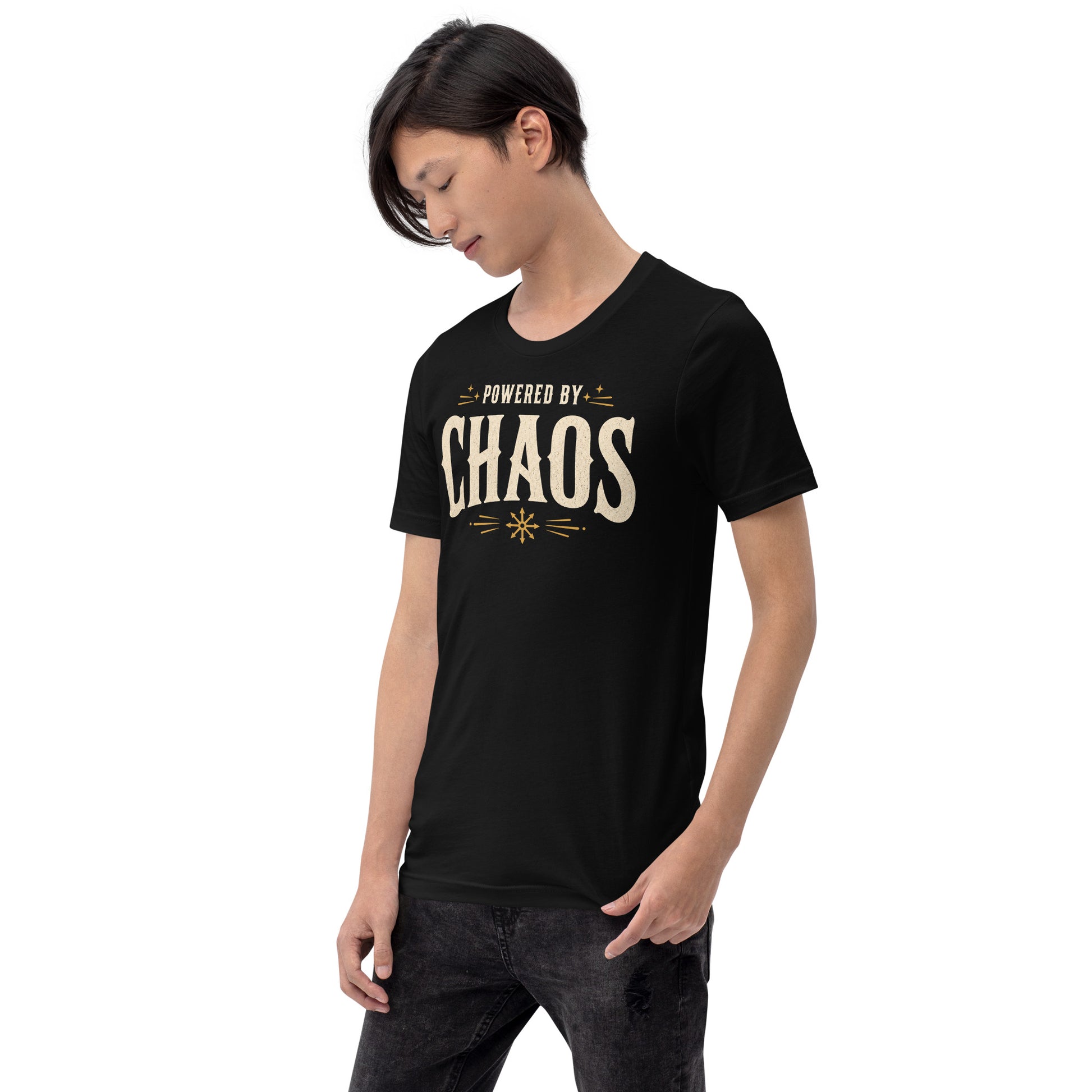 Model wearing black Powered by Chaos t-shirt with vintage typography and chaos magick aesthetic