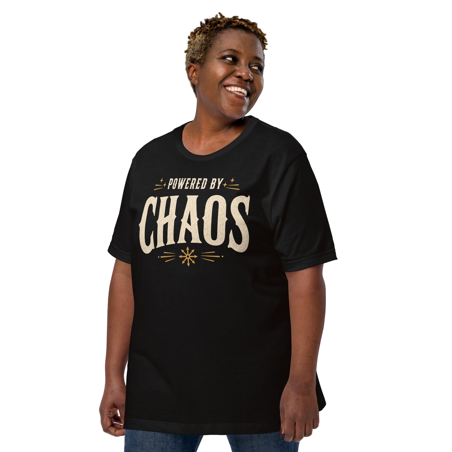 Model wearing black Powered by Chaos t-shirt with vintage typography and chaos magick aesthetic