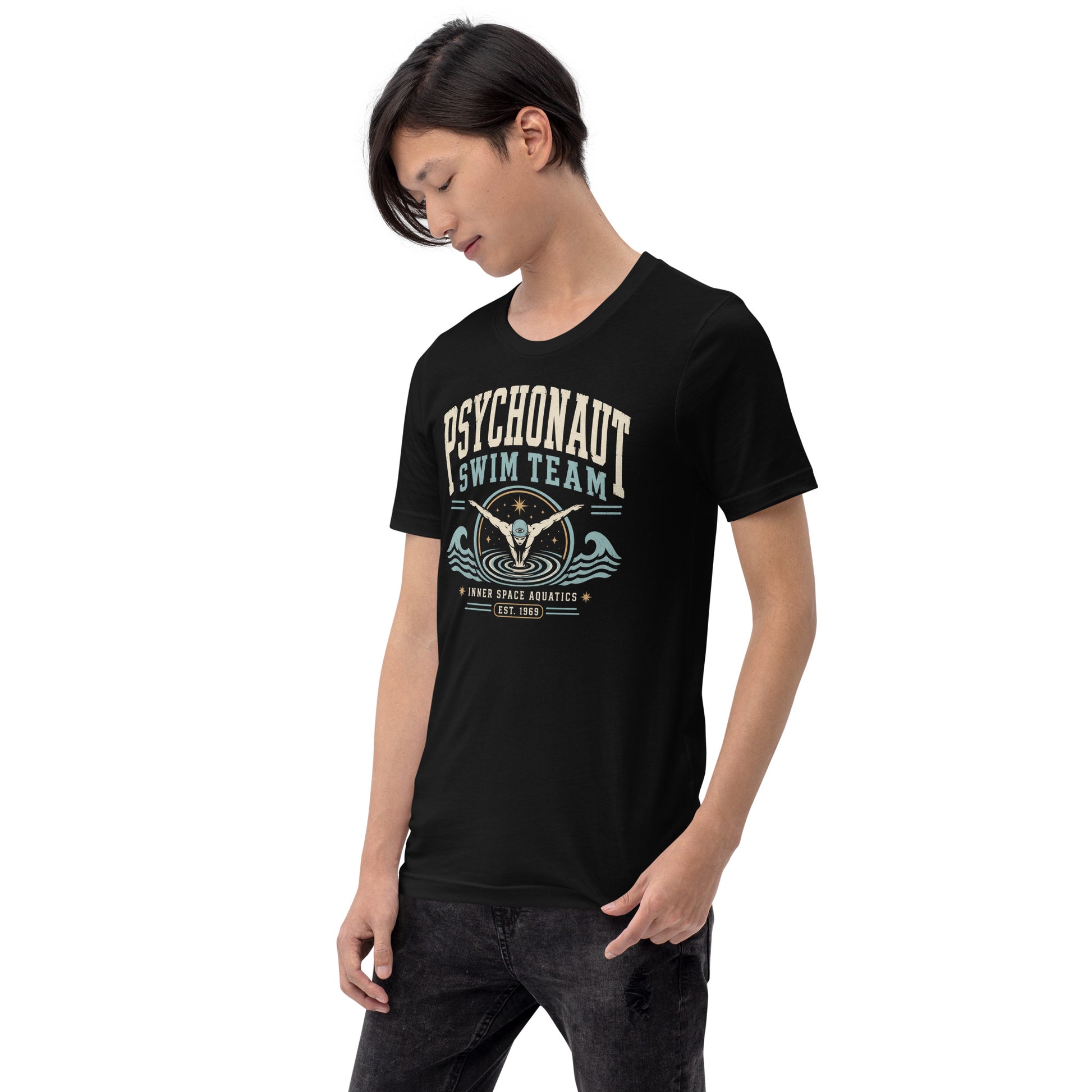 Man wearing black Psychonaut Swim Team t-shirt with retro psychedelic swim club artwork by Cinderpoint Studios