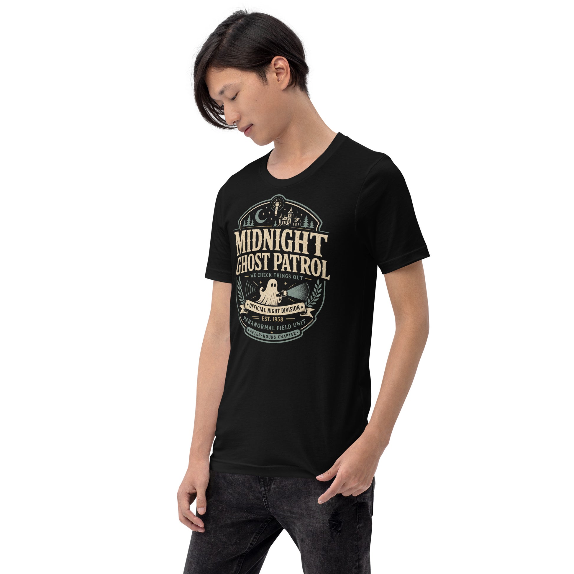 Midnight Ghost Patrol t-shirt design with vintage badge layout, flashlight ghost, haunted house, moon, and paranormal field unit text